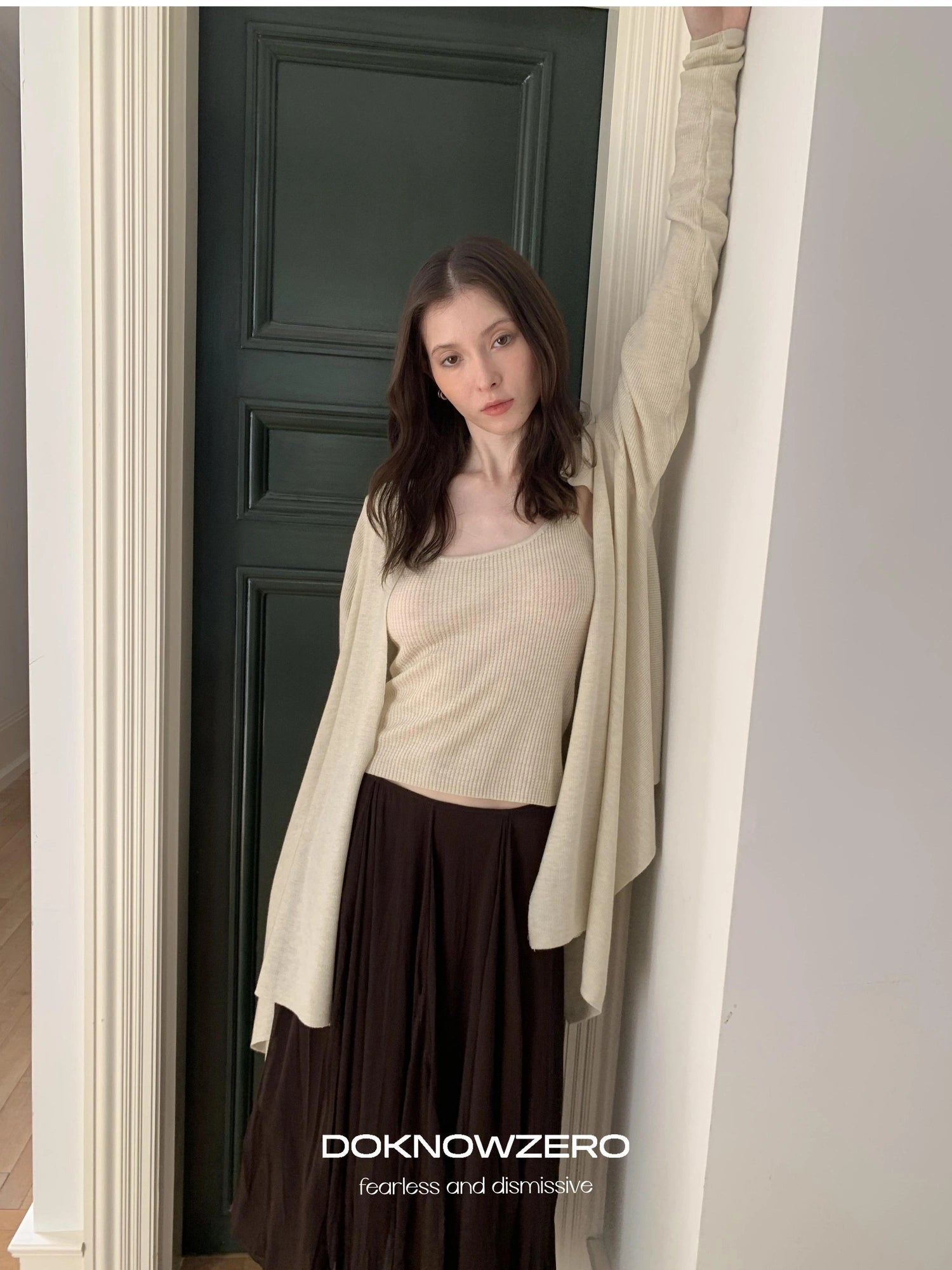 DKZ OFFICIAL Oversized Asymmetrical Knit Cardigan In Cream And Black
