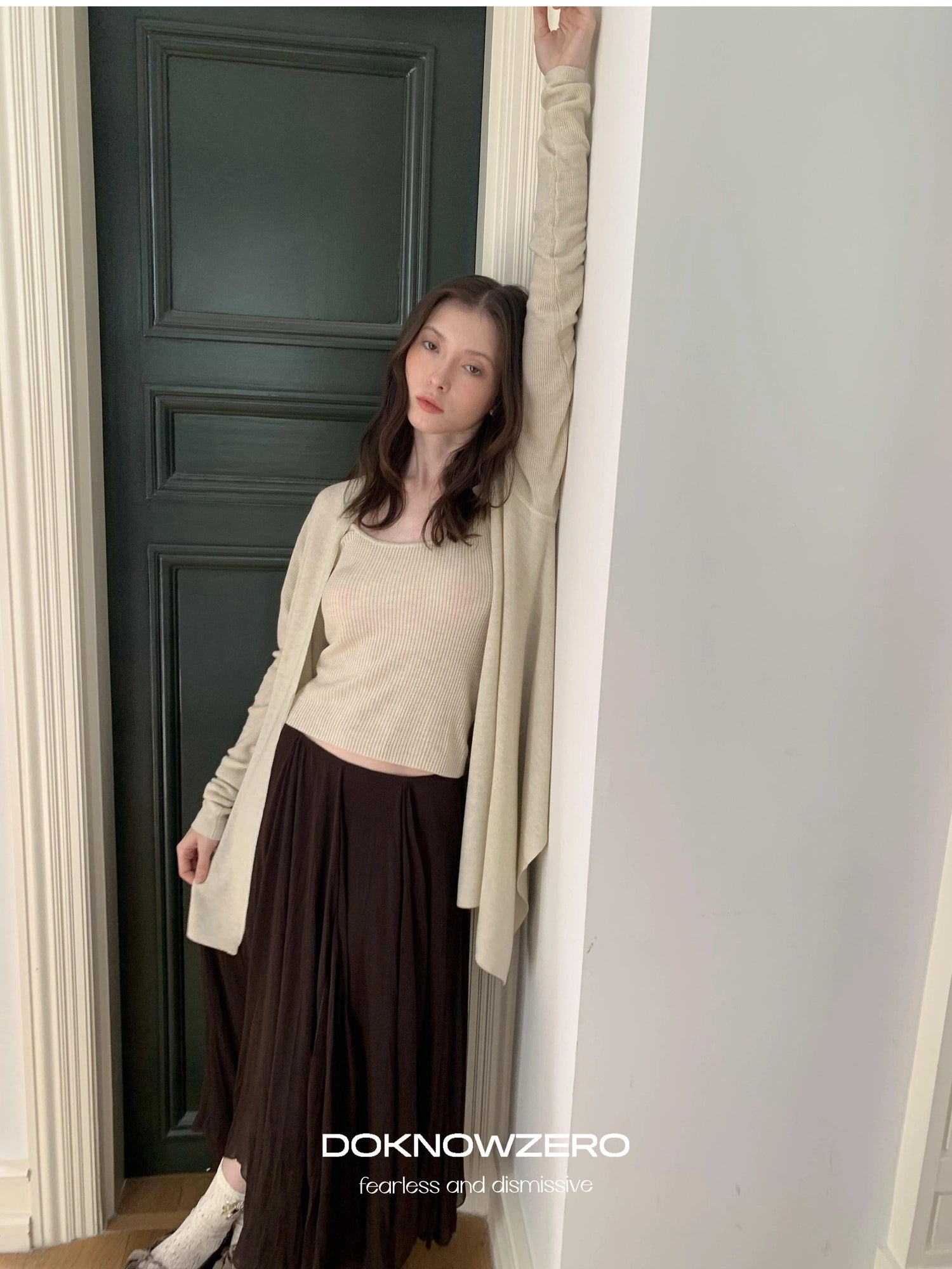 DKZ OFFICIAL Oversized Asymmetrical Knit Cardigan In Cream And Black
