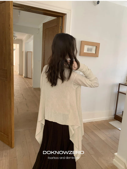 DKZ OFFICIAL Oversized Asymmetrical Knit Cardigan In Cream And Black