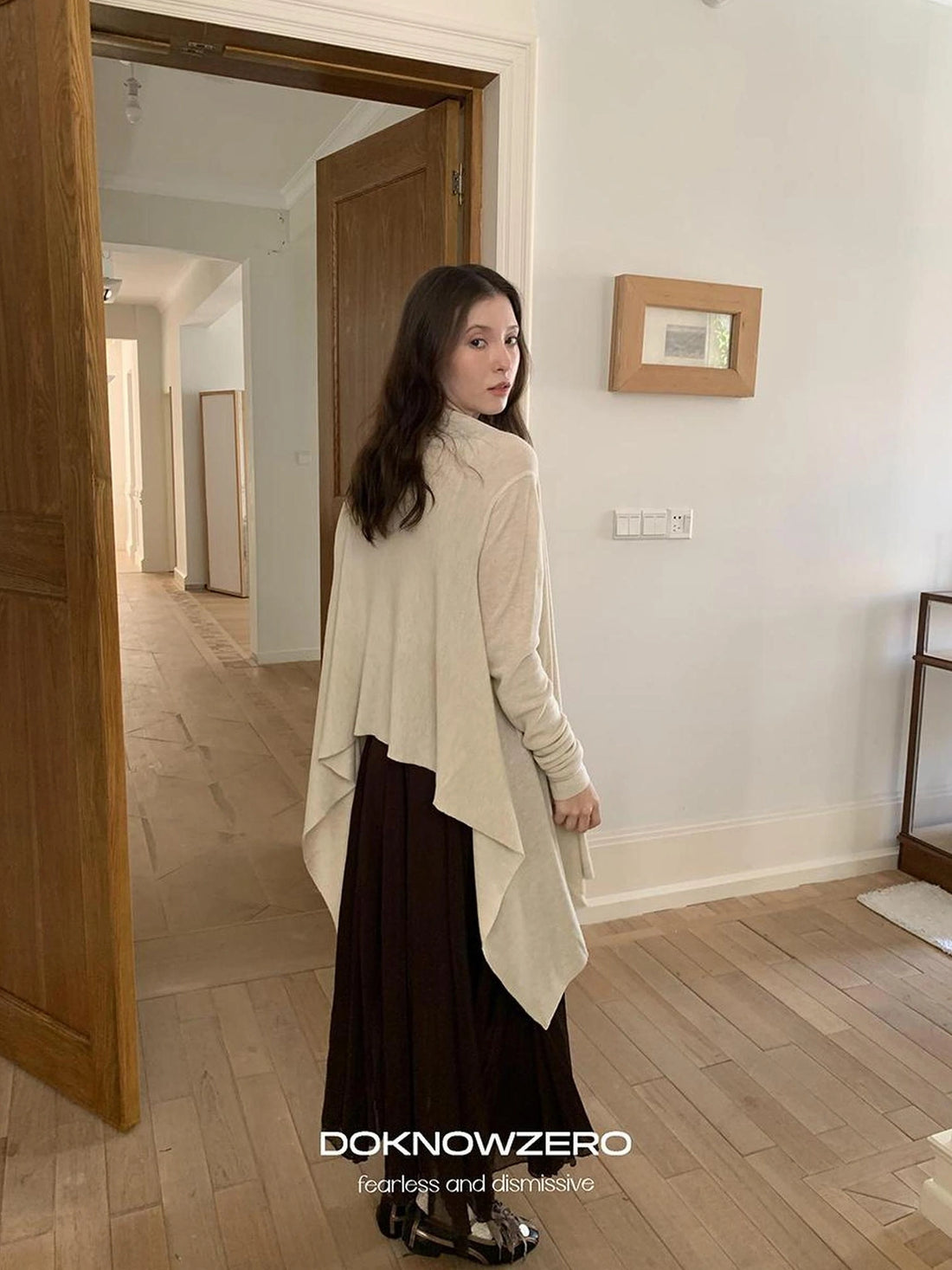 DKZ OFFICIAL Oversized Asymmetrical Knit Cardigan In Cream And Black