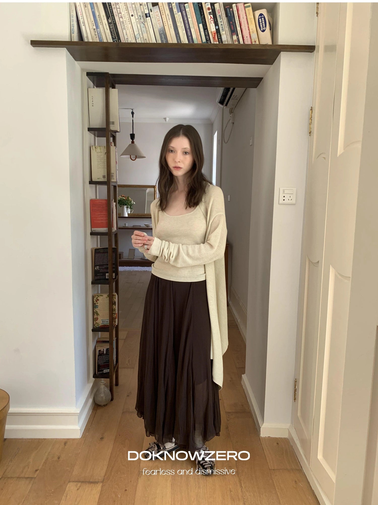 DKZ OFFICIAL Oversized Asymmetrical Knit Cardigan In Cream And Black