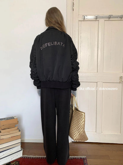 DKZ OFFICIAL Oversized Black Letter Print Nylon Padded Jacket