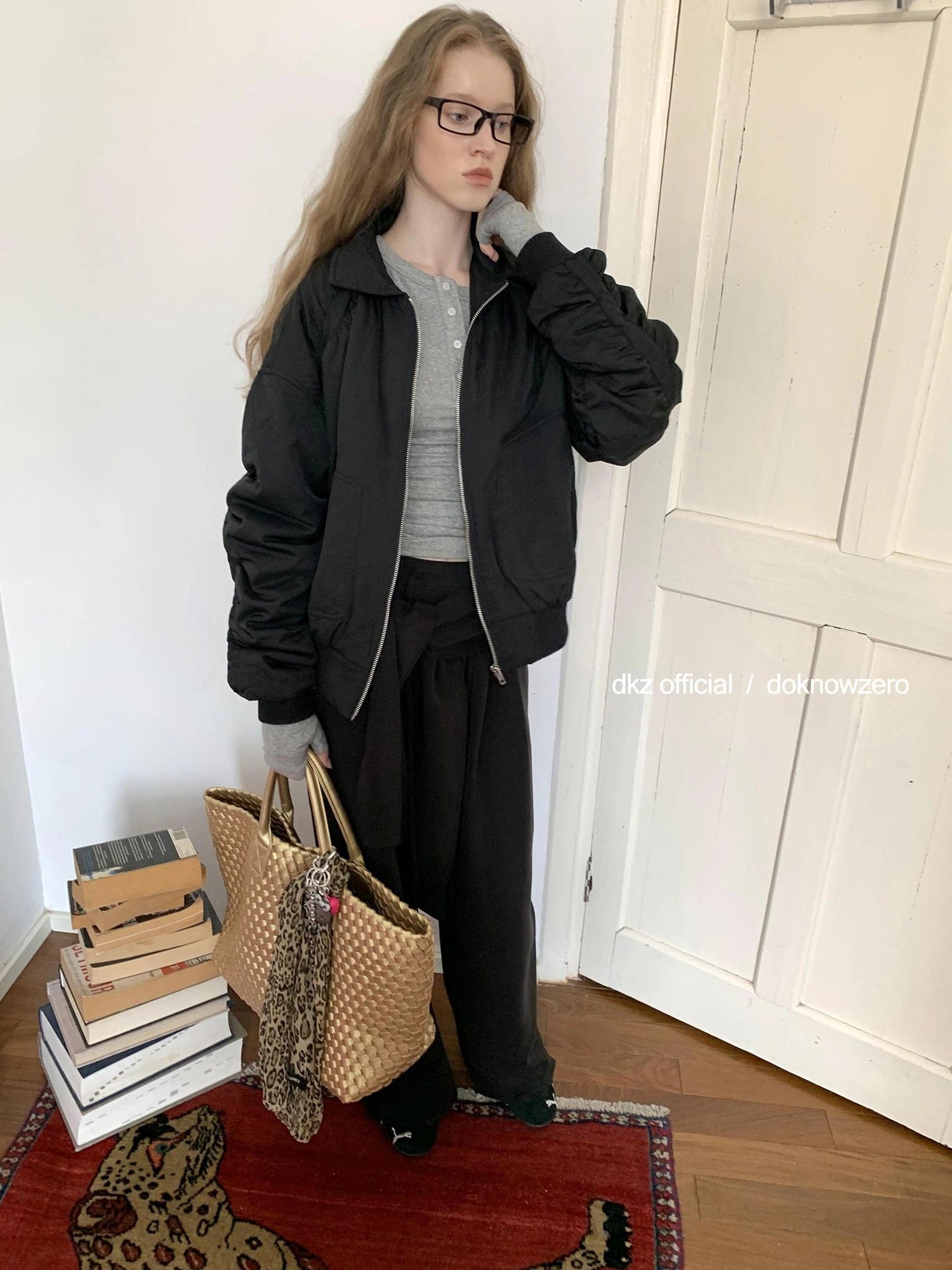 DKZ OFFICIAL Oversized Black Letter Print Nylon Padded Jacket
