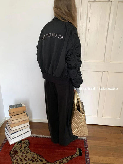 DKZ OFFICIAL Oversized Black Letter Print Nylon Padded Jacket