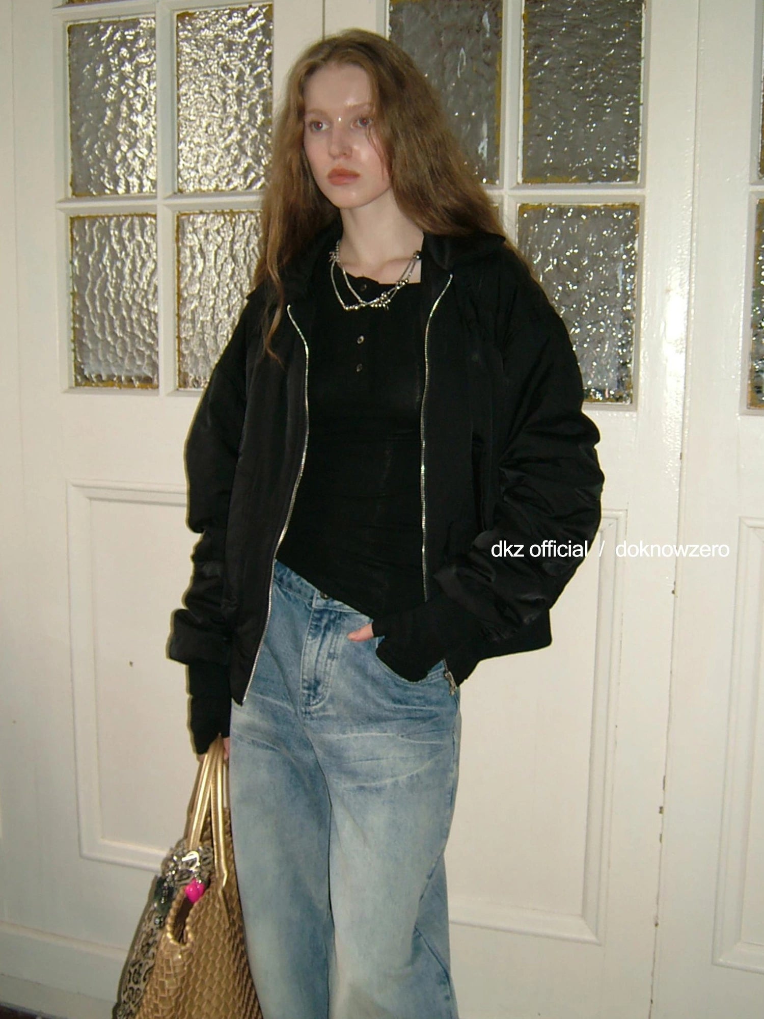 DKZ OFFICIAL Oversized Black Letter Print Nylon Padded Jacket