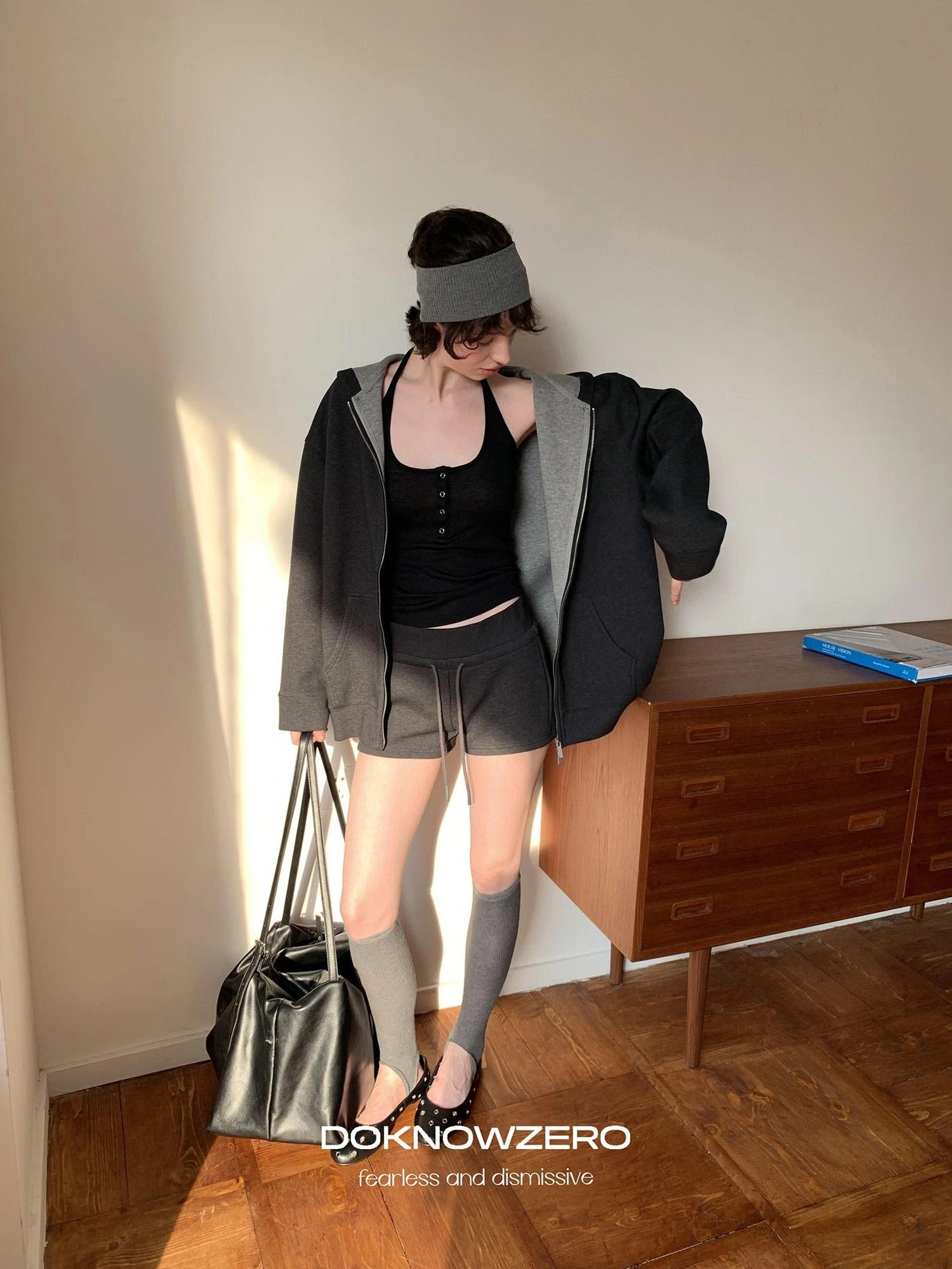 DKZ OFFICIAL Oversized Hooded Sweatshirt Shorts Set In Dark Grey