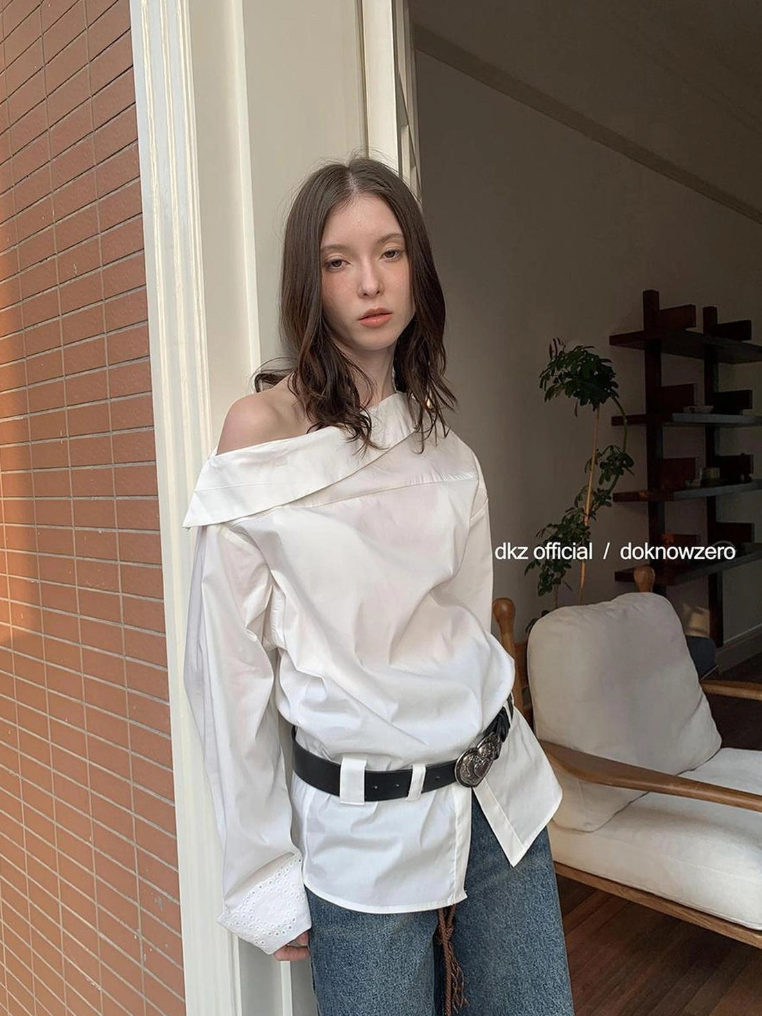 Oversized Slant Shoulder Long Sleeve Shirt