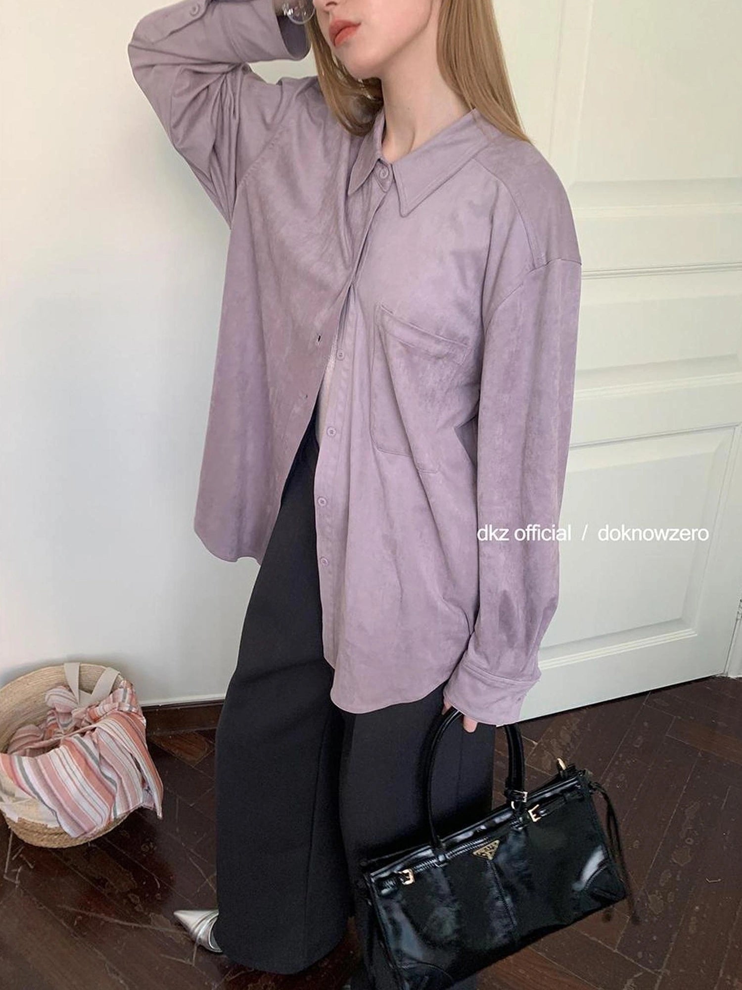 DKZ OFFICIAL Oversized Suede Flannel Shirt In Vintage Pink