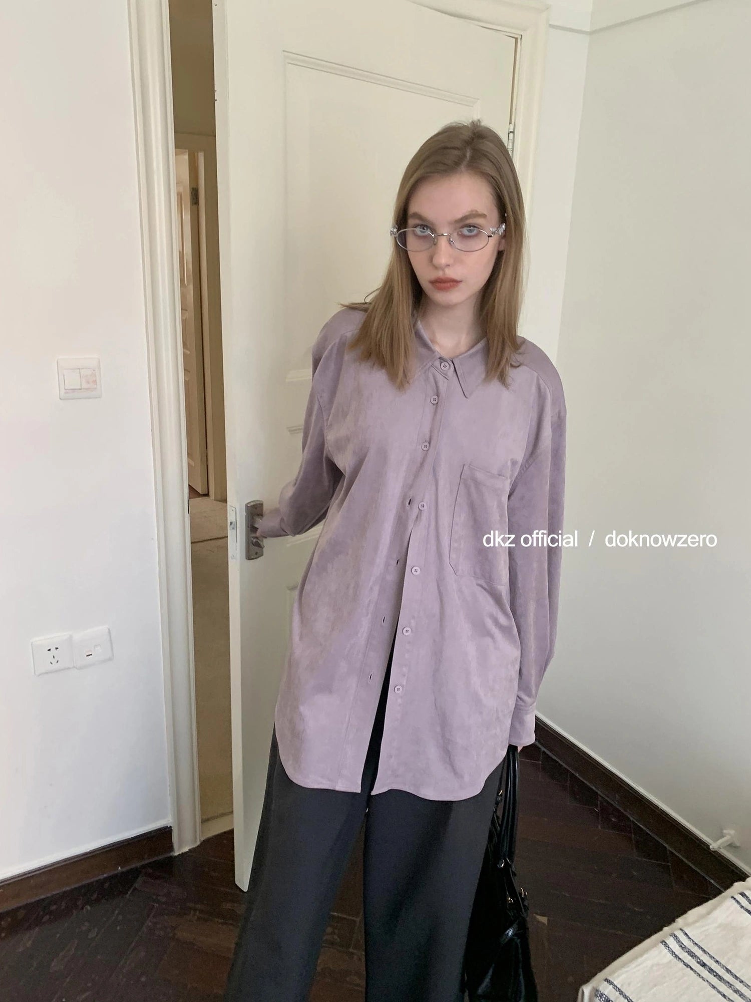 DKZ OFFICIAL Oversized Suede Flannel Shirt In Vintage Pink