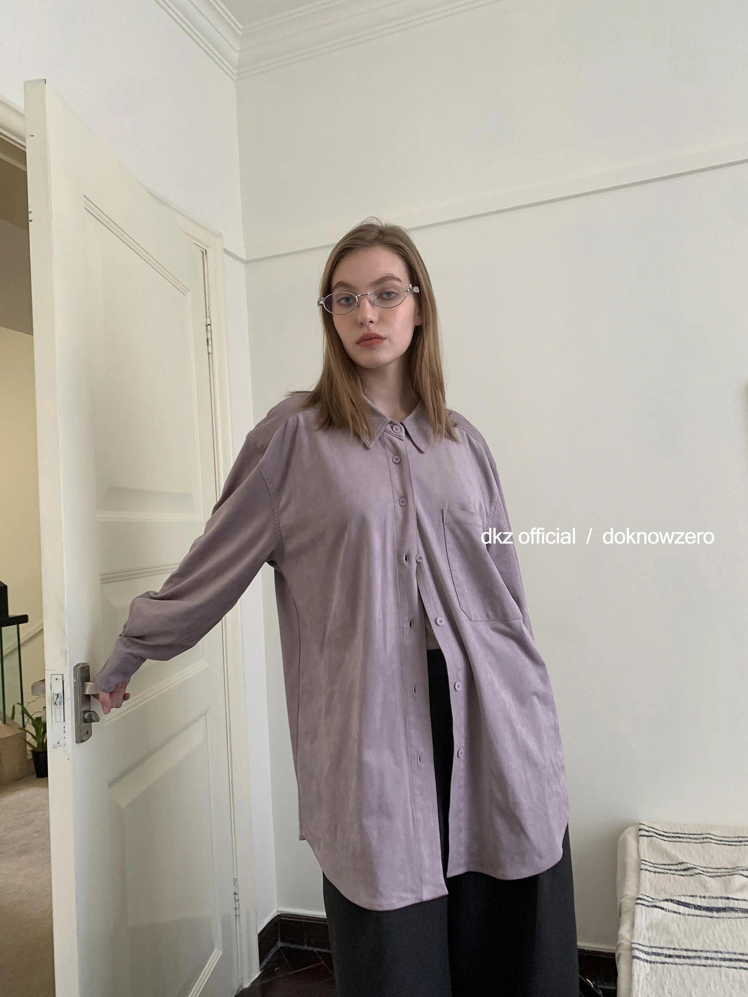 DKZ OFFICIAL Oversized Suede Flannel Shirt In Vintage Pink