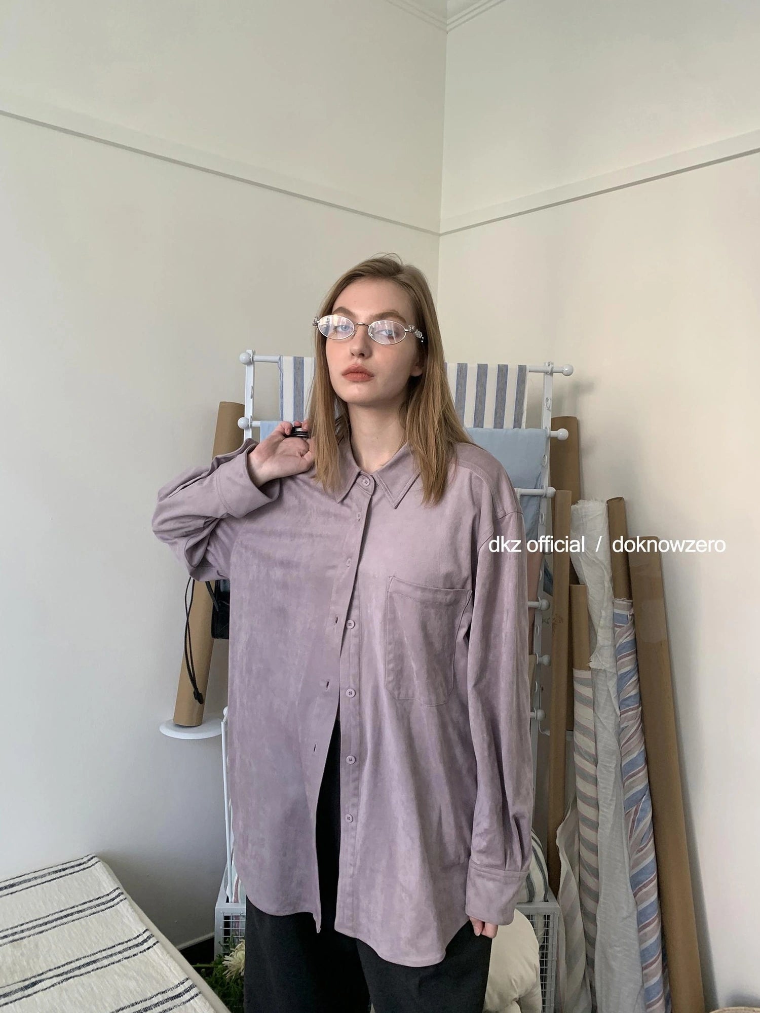 DKZ OFFICIAL Oversized Suede Flannel Shirt In Vintage Pink