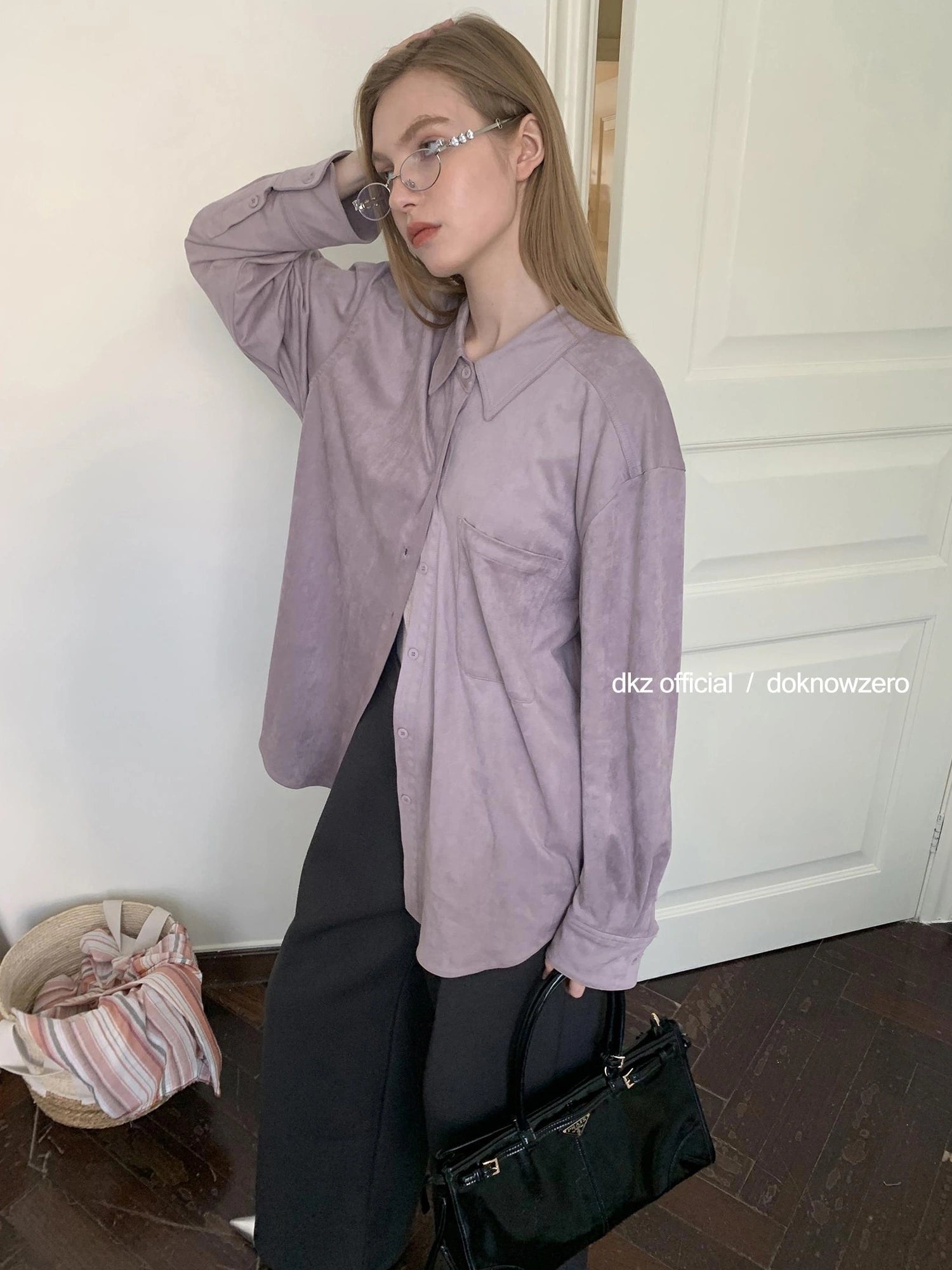 DKZ OFFICIAL Oversized Suede Flannel Shirt In Vintage Pink