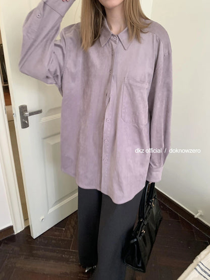 DKZ OFFICIAL Oversized Suede Flannel Shirt In Vintage Pink