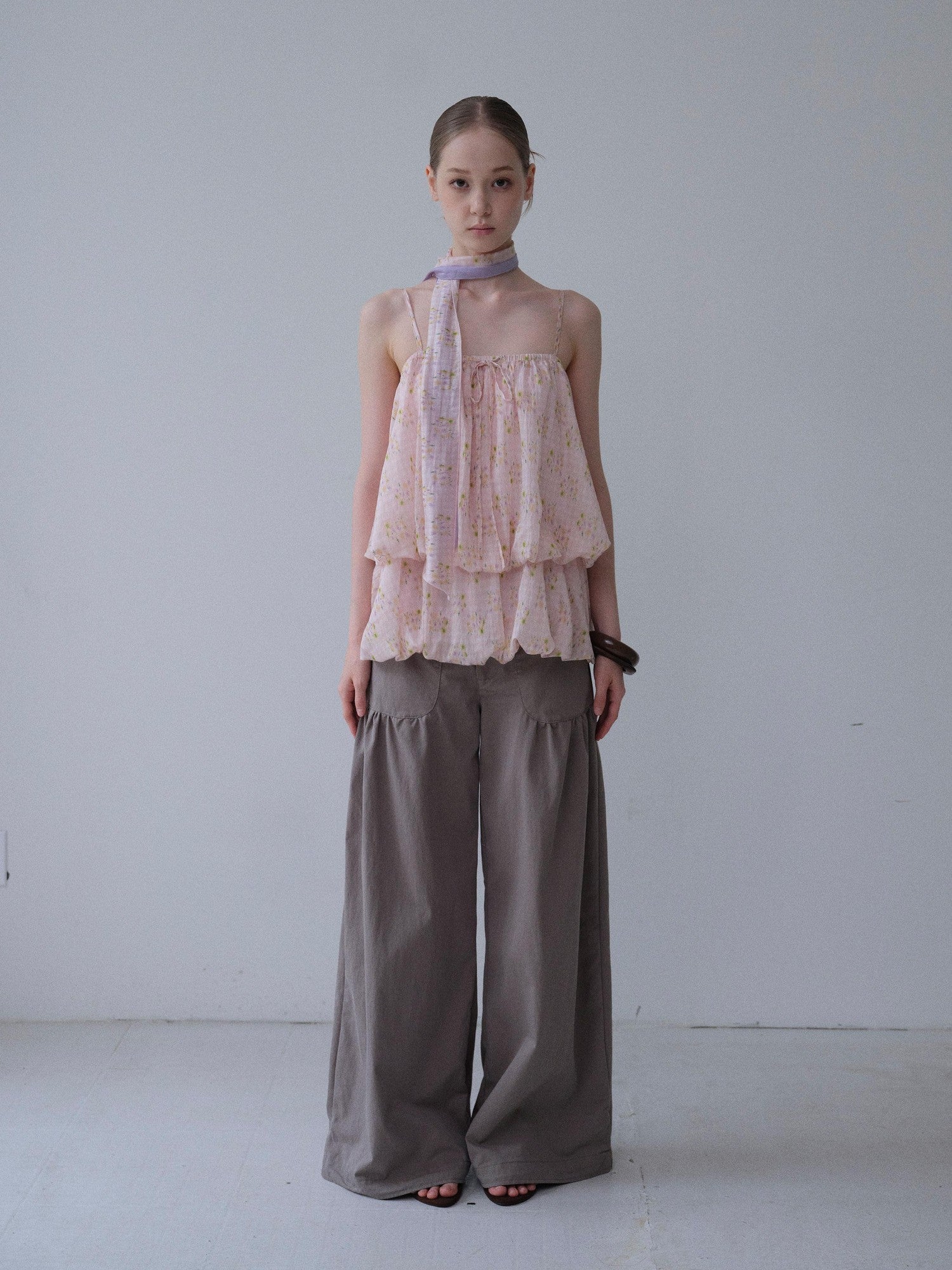 DKZ OFFICIAL Pink Floral Printed Bubble Hem Cropped With Scarf Women&