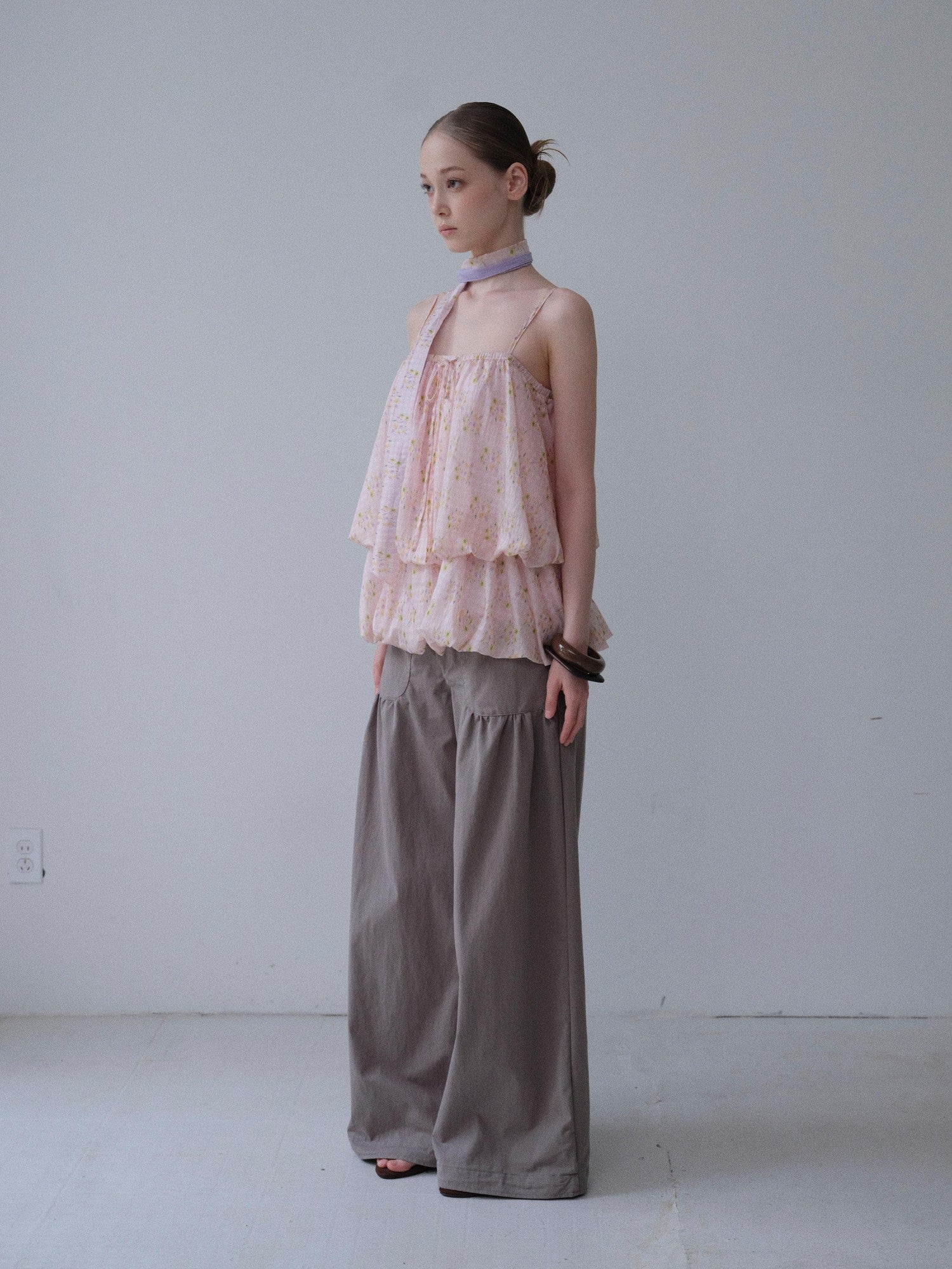 DKZ OFFICIAL Pink Floral Printed Bubble Hem Cropped With Scarf Women&