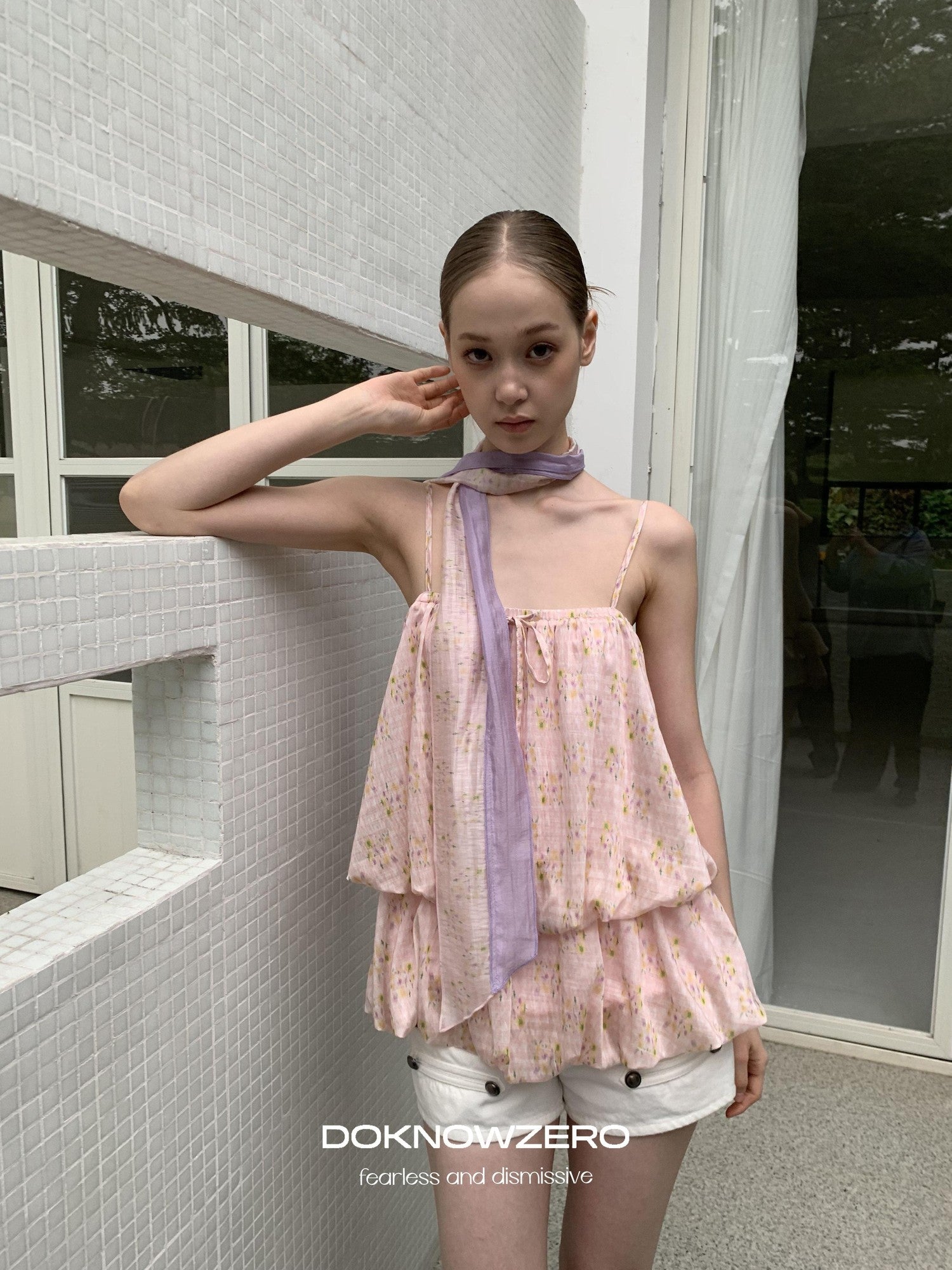 DKZ OFFICIAL Pink Floral Printed Bubble Hem Cropped With Scarf Women&
