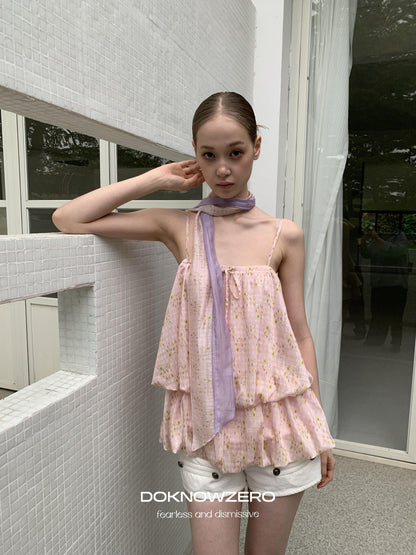 DKZ OFFICIAL Pink Floral Printed Bubble Hem Cropped With Scarf Women&