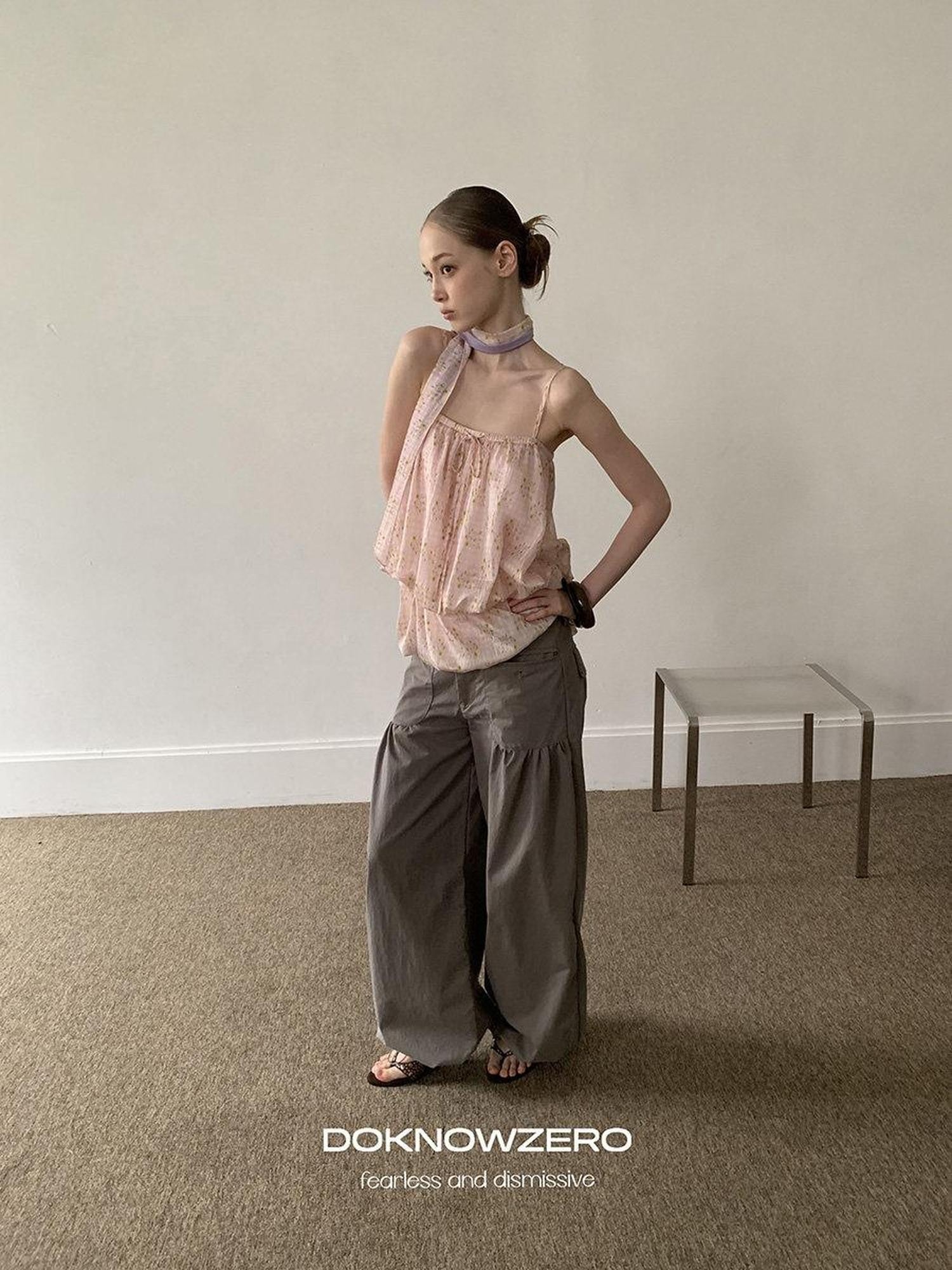 DKZ OFFICIAL Pink Floral Printed Bubble Hem Cropped With Scarf Women&