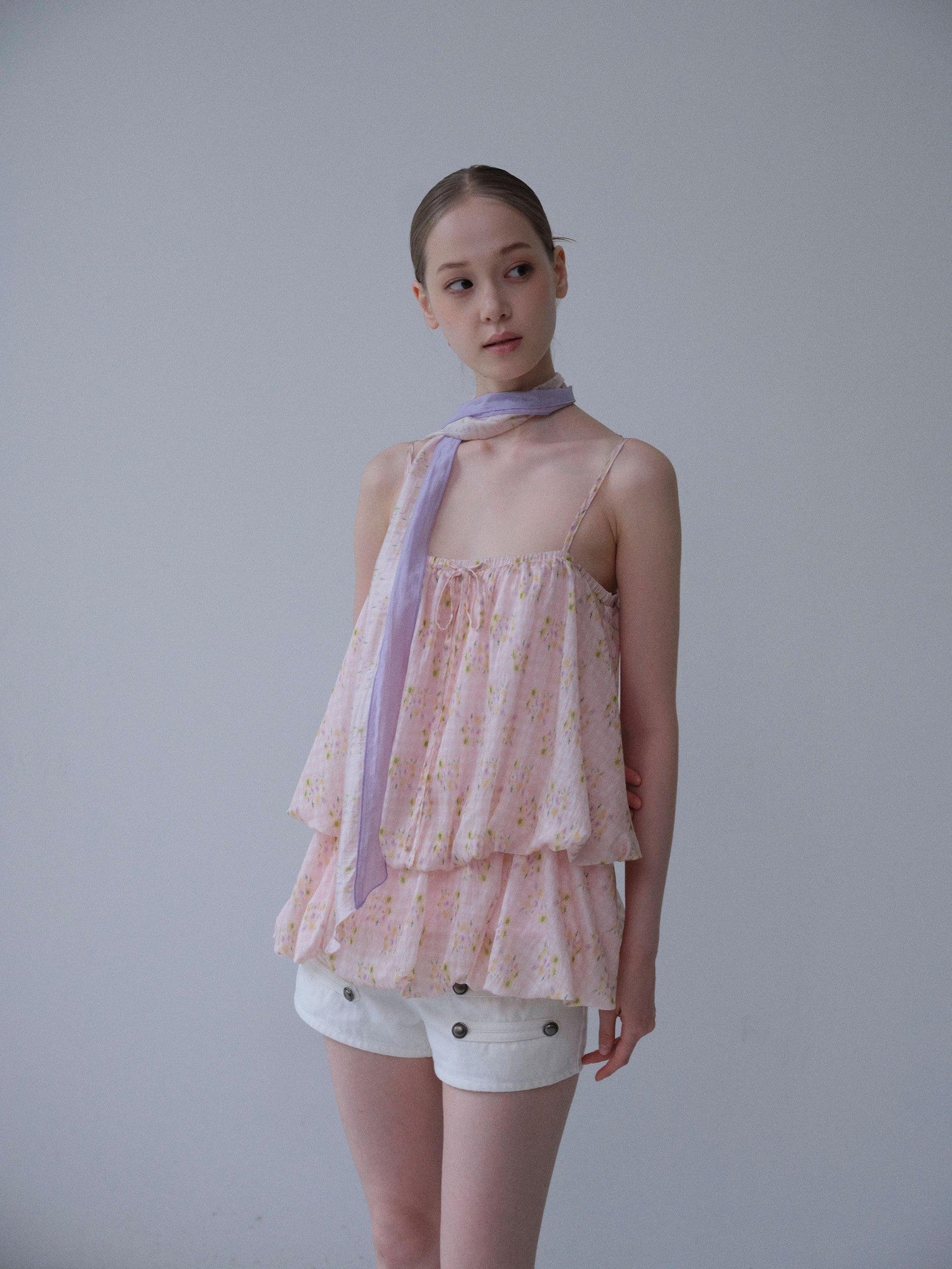 DKZ OFFICIAL Pink Floral Printed Bubble Hem Cropped With Scarf Women&