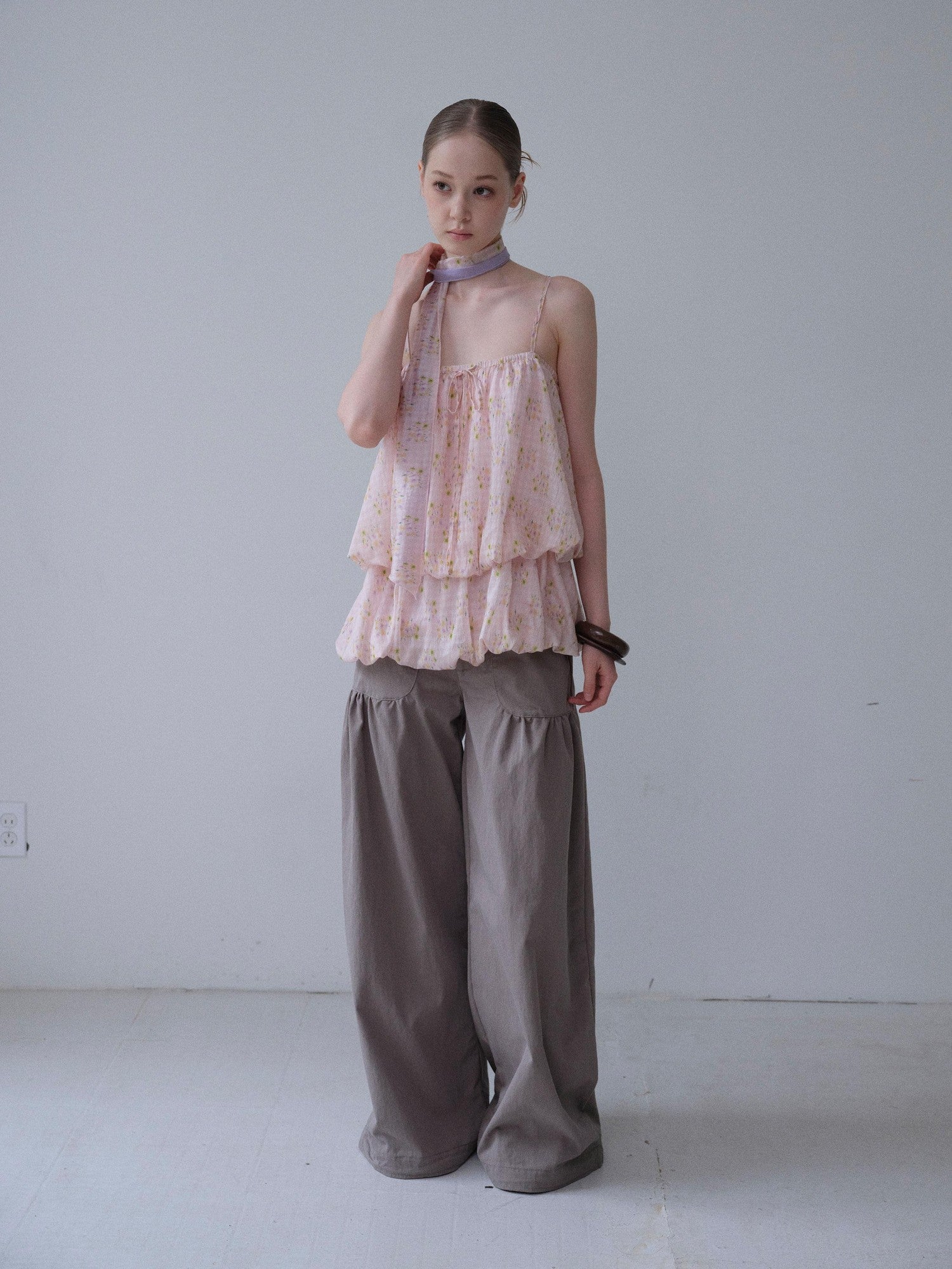 DKZ OFFICIAL Pink Floral Printed Bubble Hem Cropped With Scarf Women&