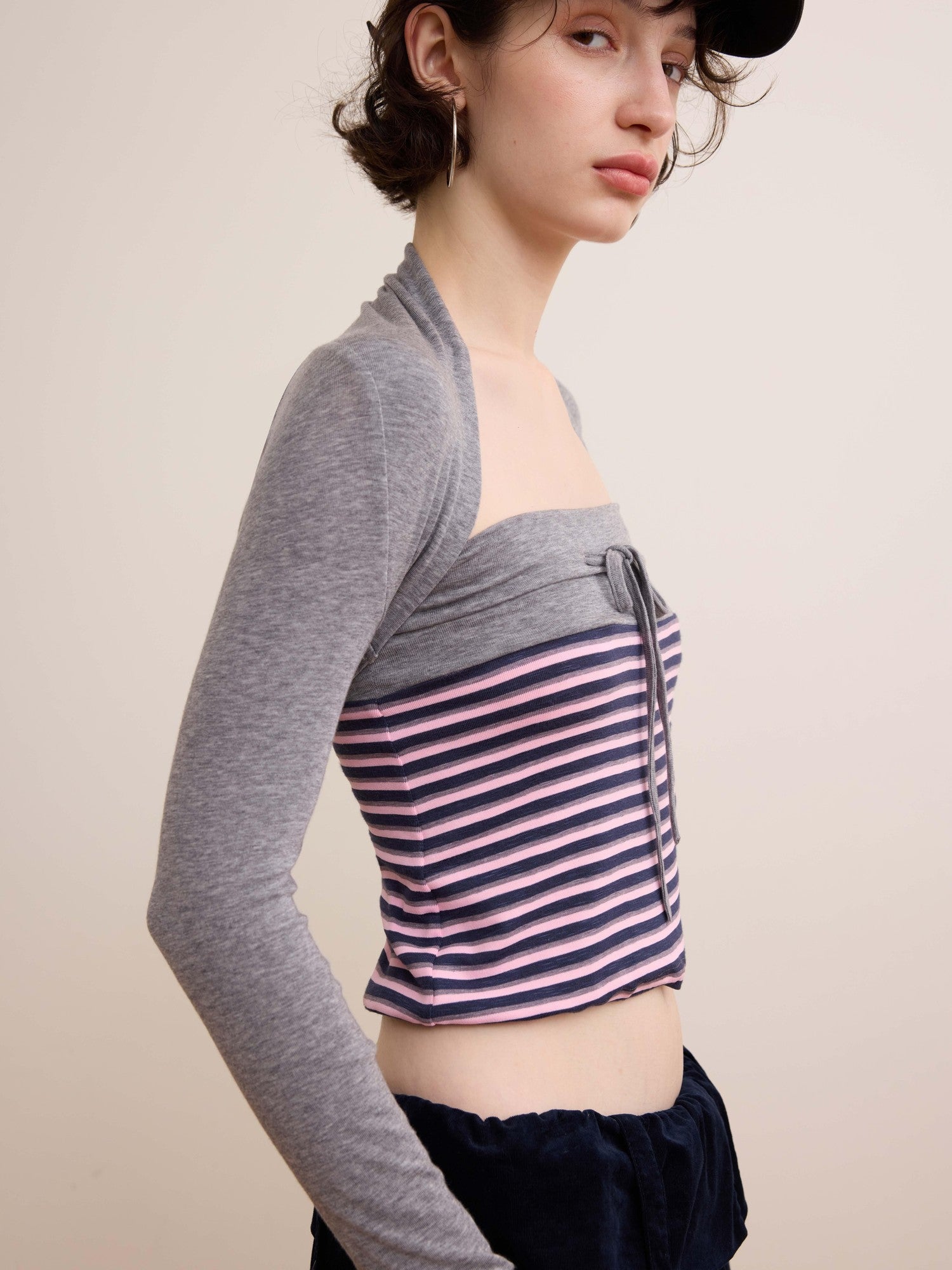 DKZ OFFICIAL Pink Retro Striped Asymmetric Slim Knit Women&