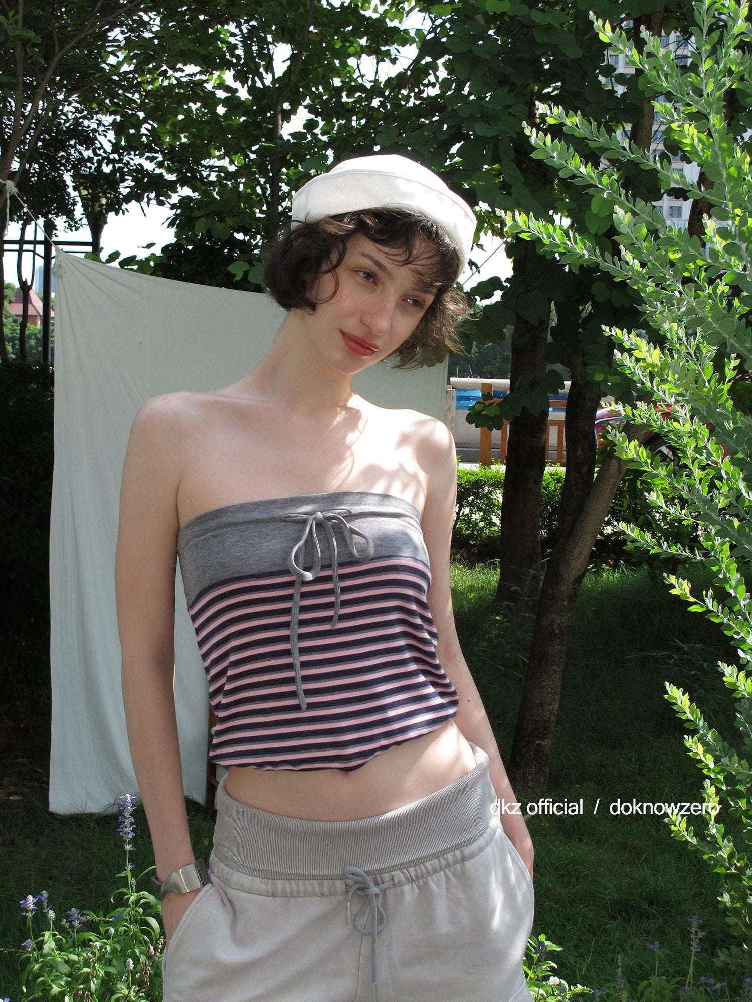 DKZ OFFICIAL Pink Retro Striped Asymmetric Slim Knit Women&