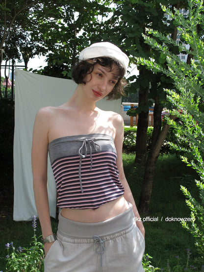 DKZ OFFICIAL Pink Retro Striped Asymmetric Slim Knit Women&