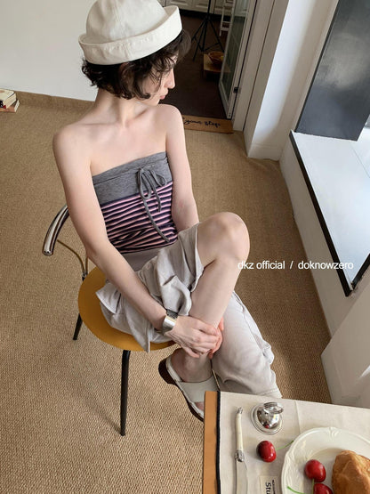 DKZ OFFICIAL Pink Retro Striped Asymmetric Slim Knit Women&