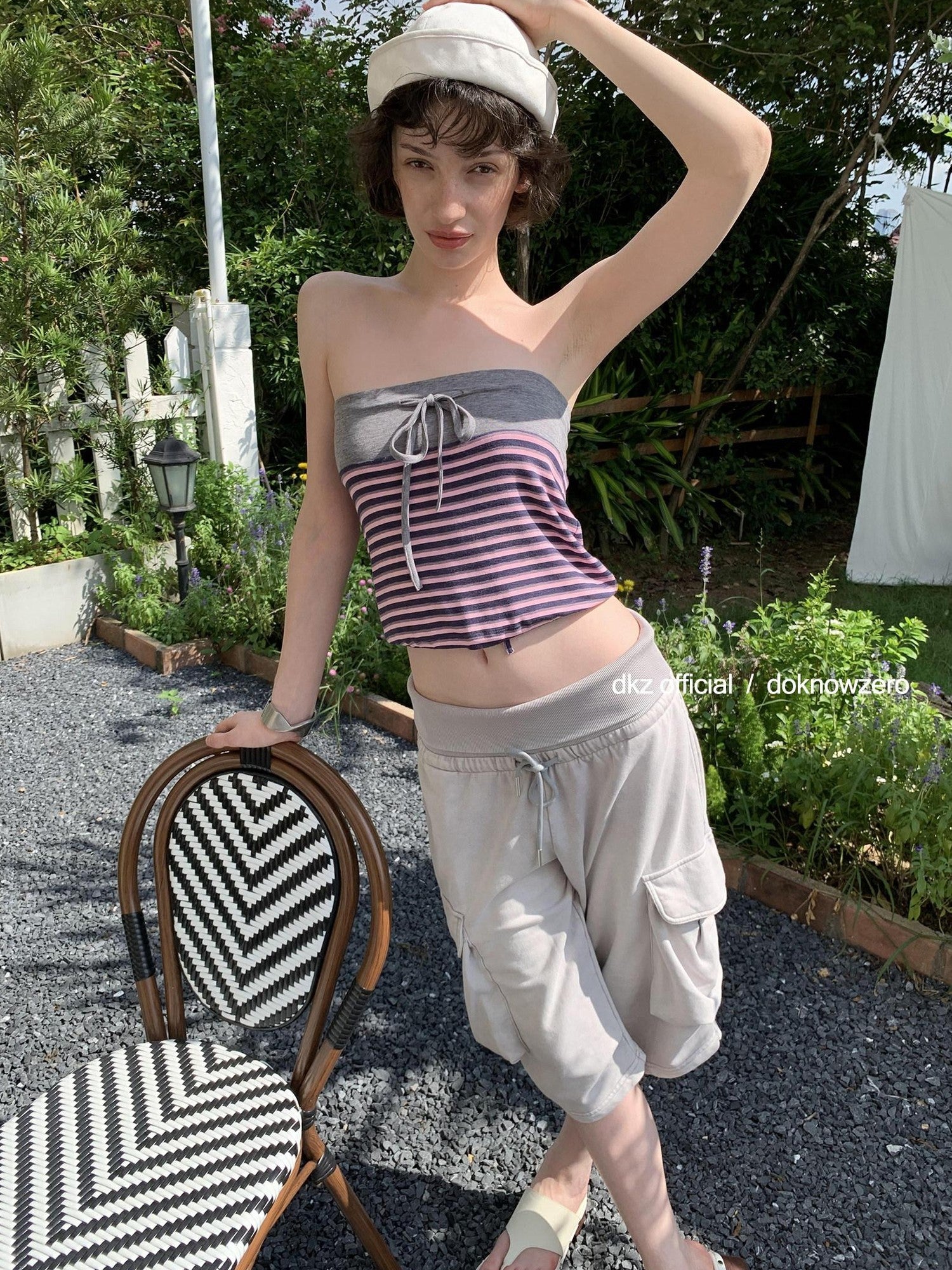 DKZ OFFICIAL Pink Retro Striped Asymmetric Slim Knit Women&
