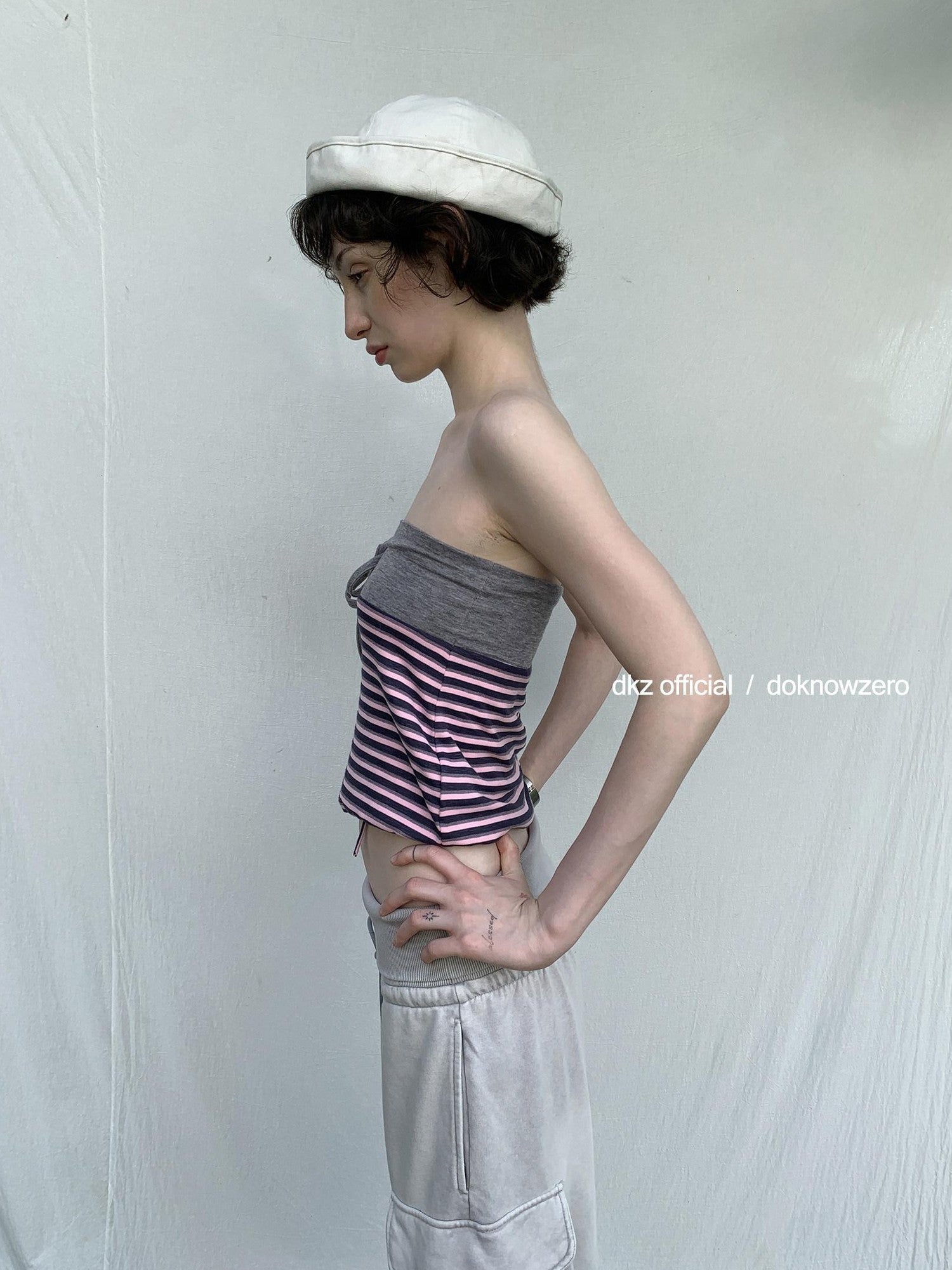 DKZ OFFICIAL Pink Retro Striped Asymmetric Slim Knit Women&