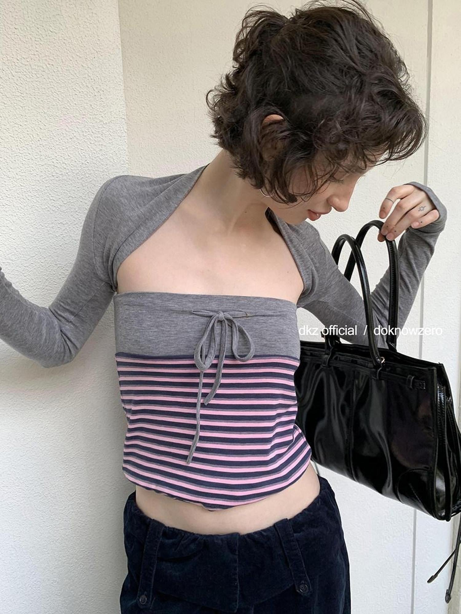 DKZ OFFICIAL Pink Retro Striped Asymmetric Slim Knit Women&