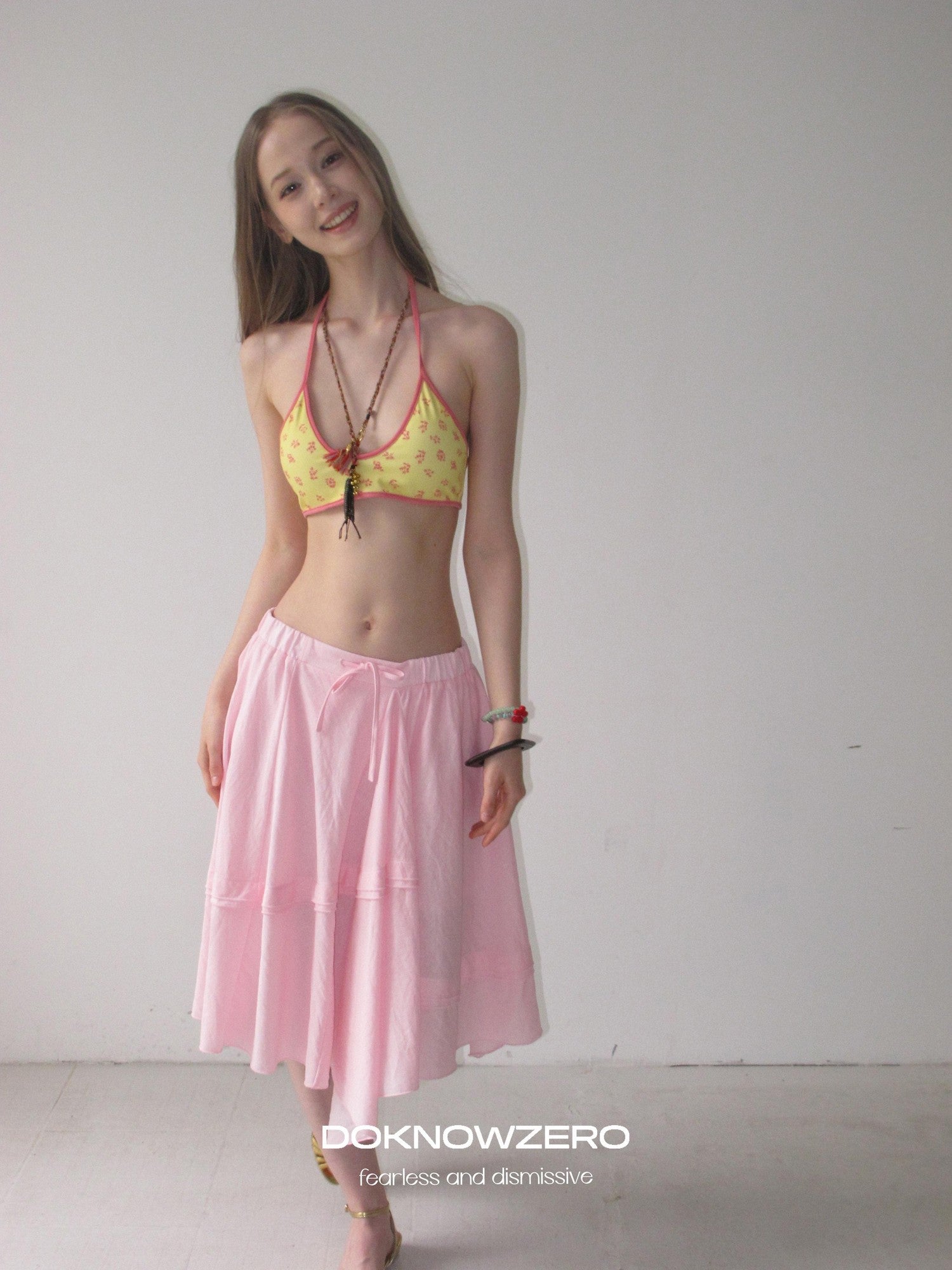 DKZ OFFICIAL Pink Ribbed Elastic Waist Asymmetric A Line Women&