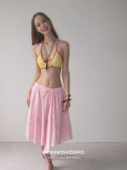 DKZ OFFICIAL Pink Ribbed Elastic Waist Asymmetric A Line Women&