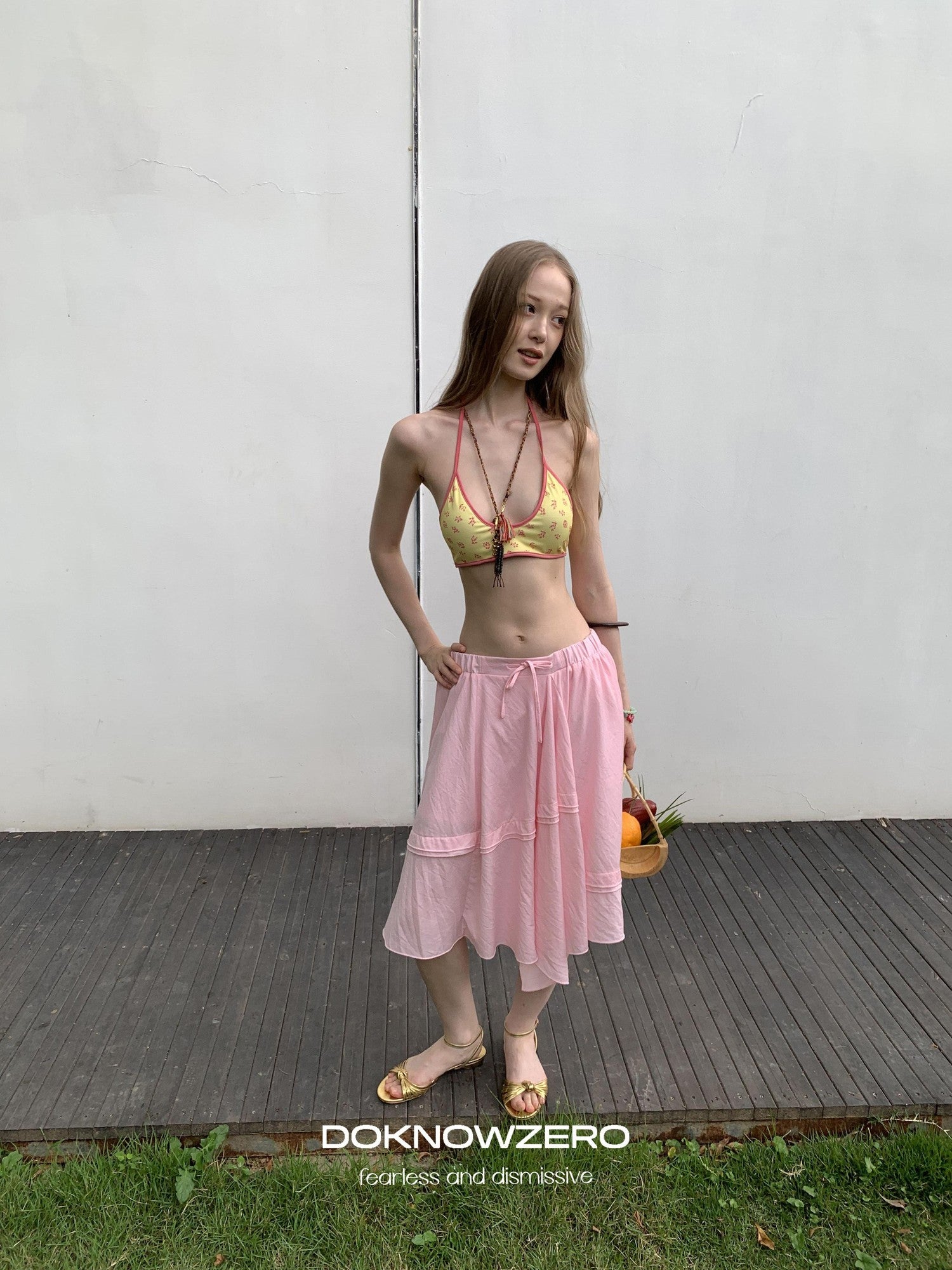 DKZ OFFICIAL Pink Ribbed Elastic Waist Asymmetric A Line Women&