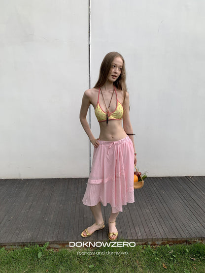 DKZ OFFICIAL Pink Ribbed Elastic Waist Asymmetric A Line Women&