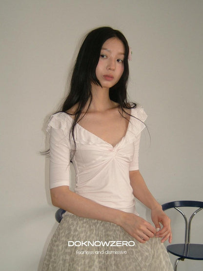 DKZ OFFICIAL Pink Twist Knot Ruffle V-neck Slim Women&