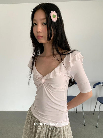 DKZ OFFICIAL Pink Twist Knot Ruffle V-neck Slim Women&