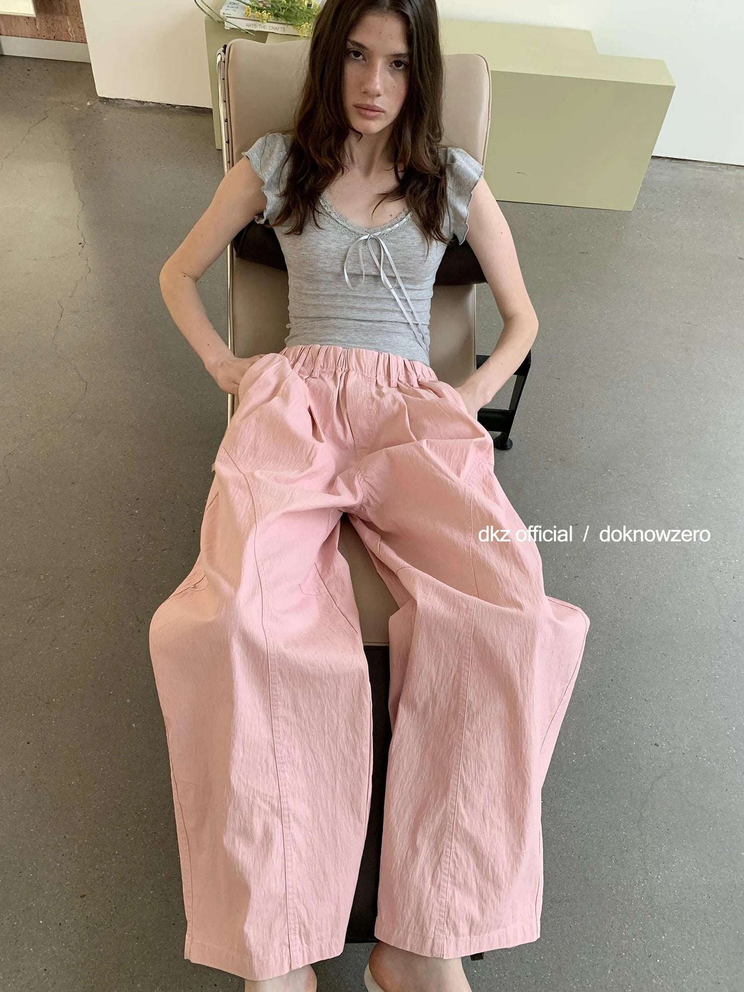 DKZ OFFICIAL Pink Wide Leg Trousers With 3D Tailoring