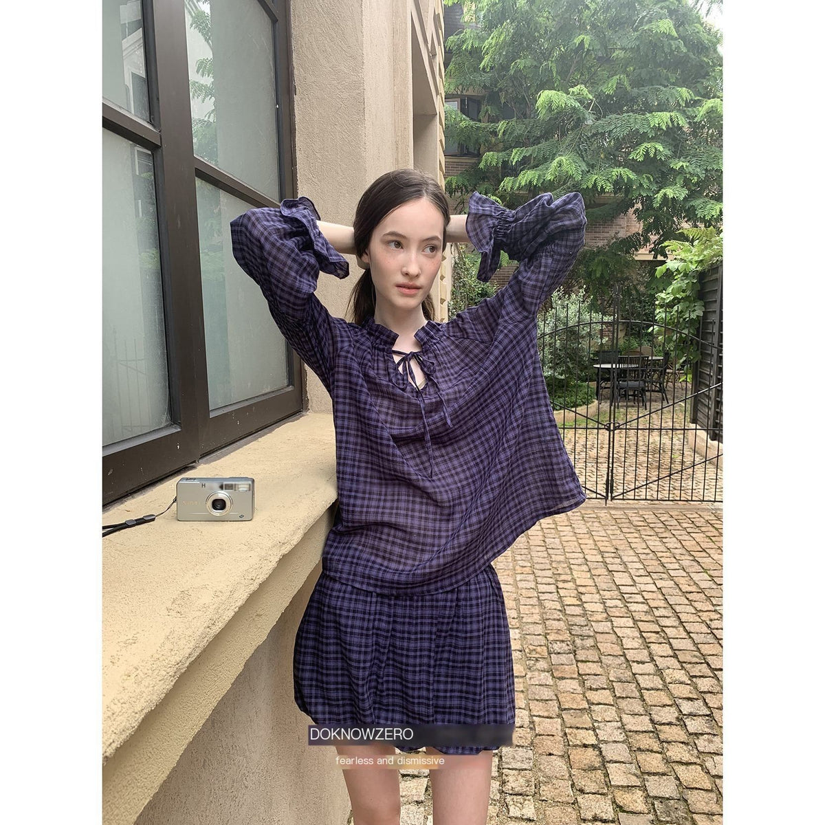 DKZ_OFFICIAL_Plaid_Drawstring_Loose_V-neck_Women&