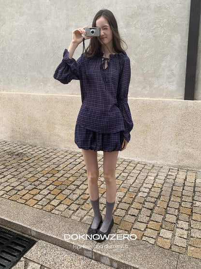 DKZ OFFICIAL Plaid Drawstring Loose V-neck Women&