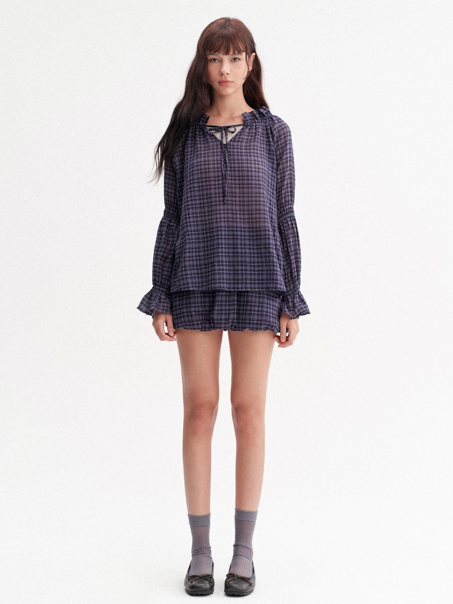 DKZ OFFICIAL Plaid Drawstring Loose V-neck Women&