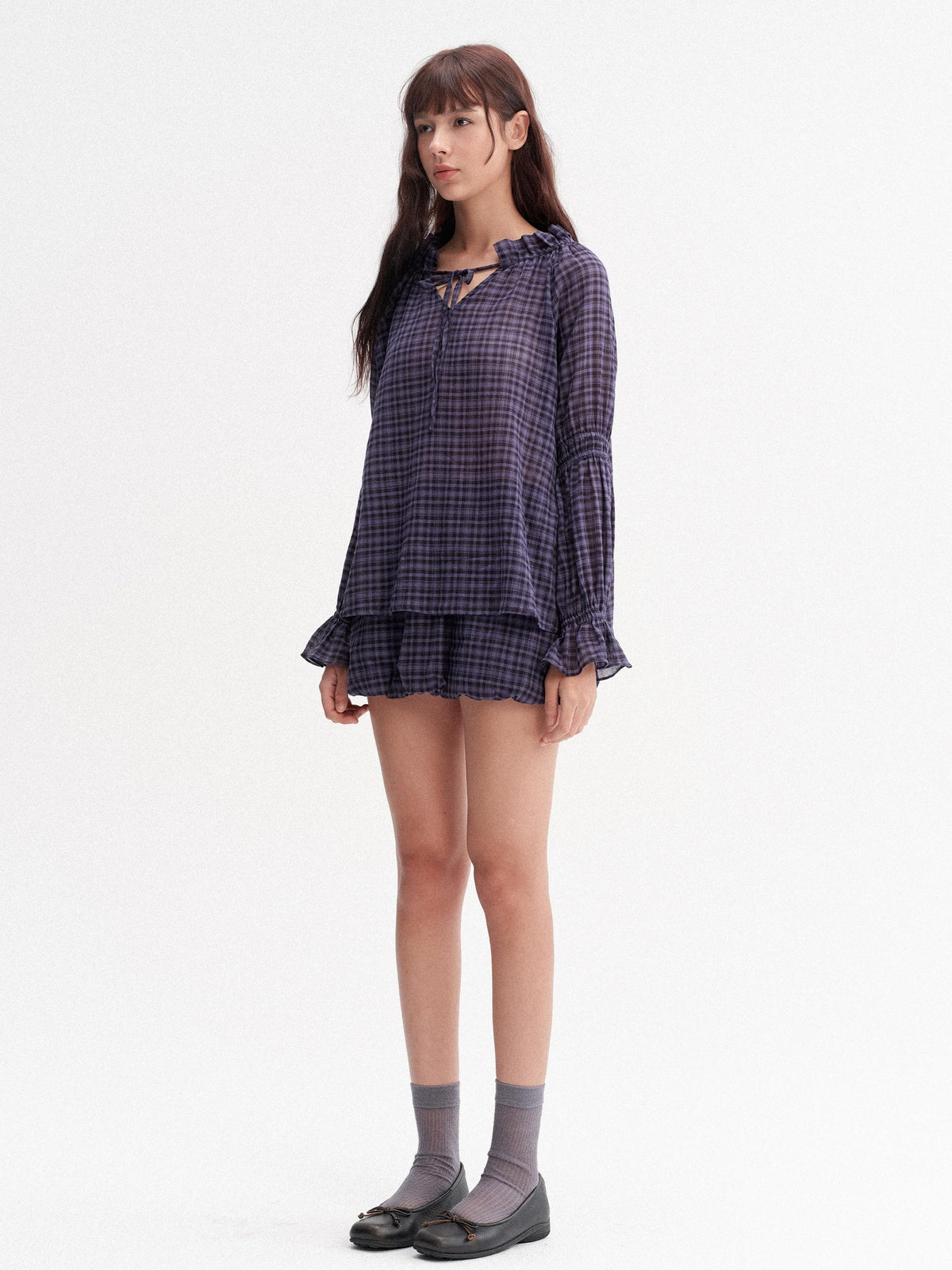 DKZ OFFICIAL Plaid Drawstring Loose V-neck Women&