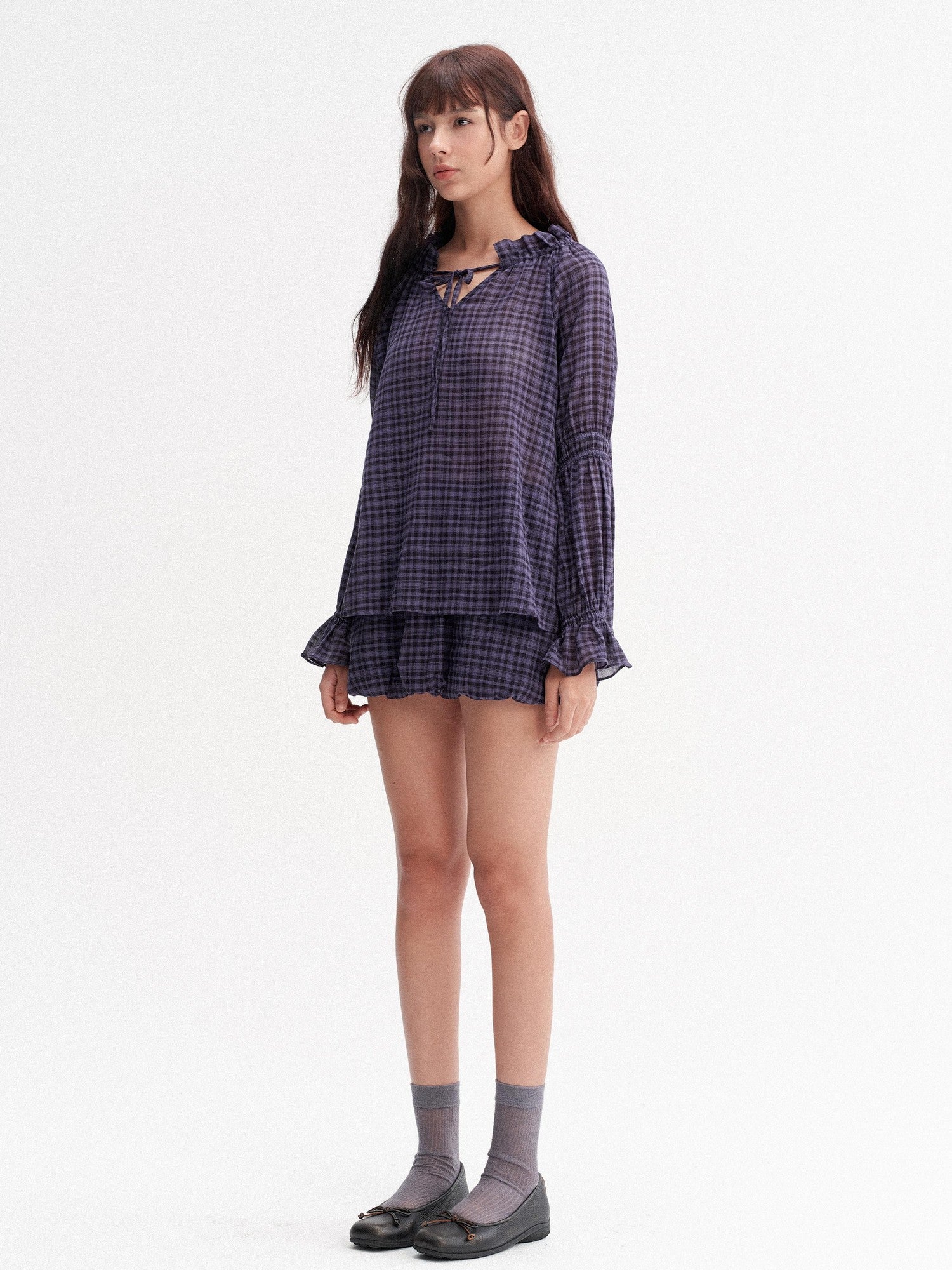 DKZ OFFICIAL Plaid Drawstring Loose V-neck Women&