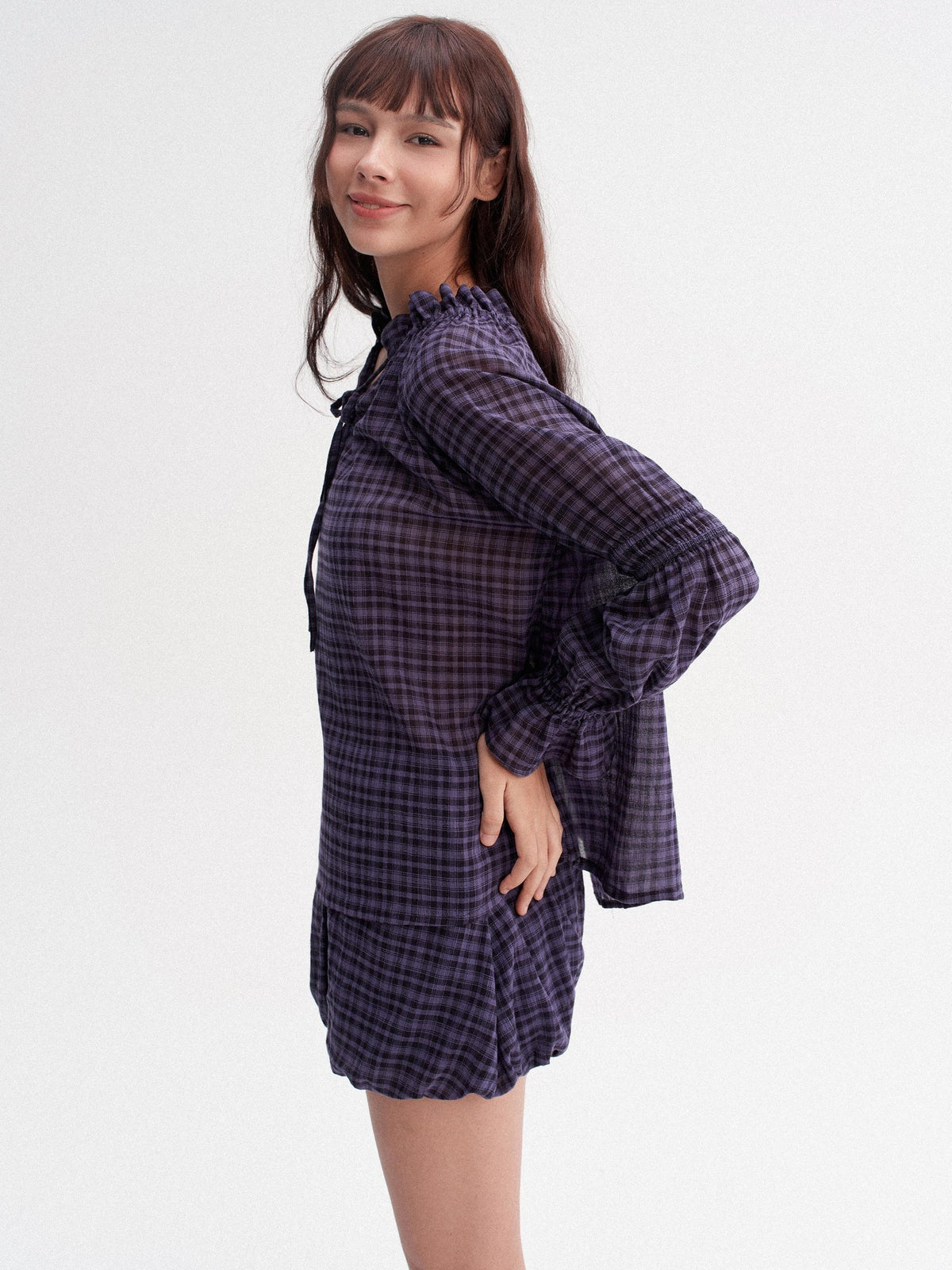DKZ OFFICIAL Plaid Drawstring Loose V-neck Women&