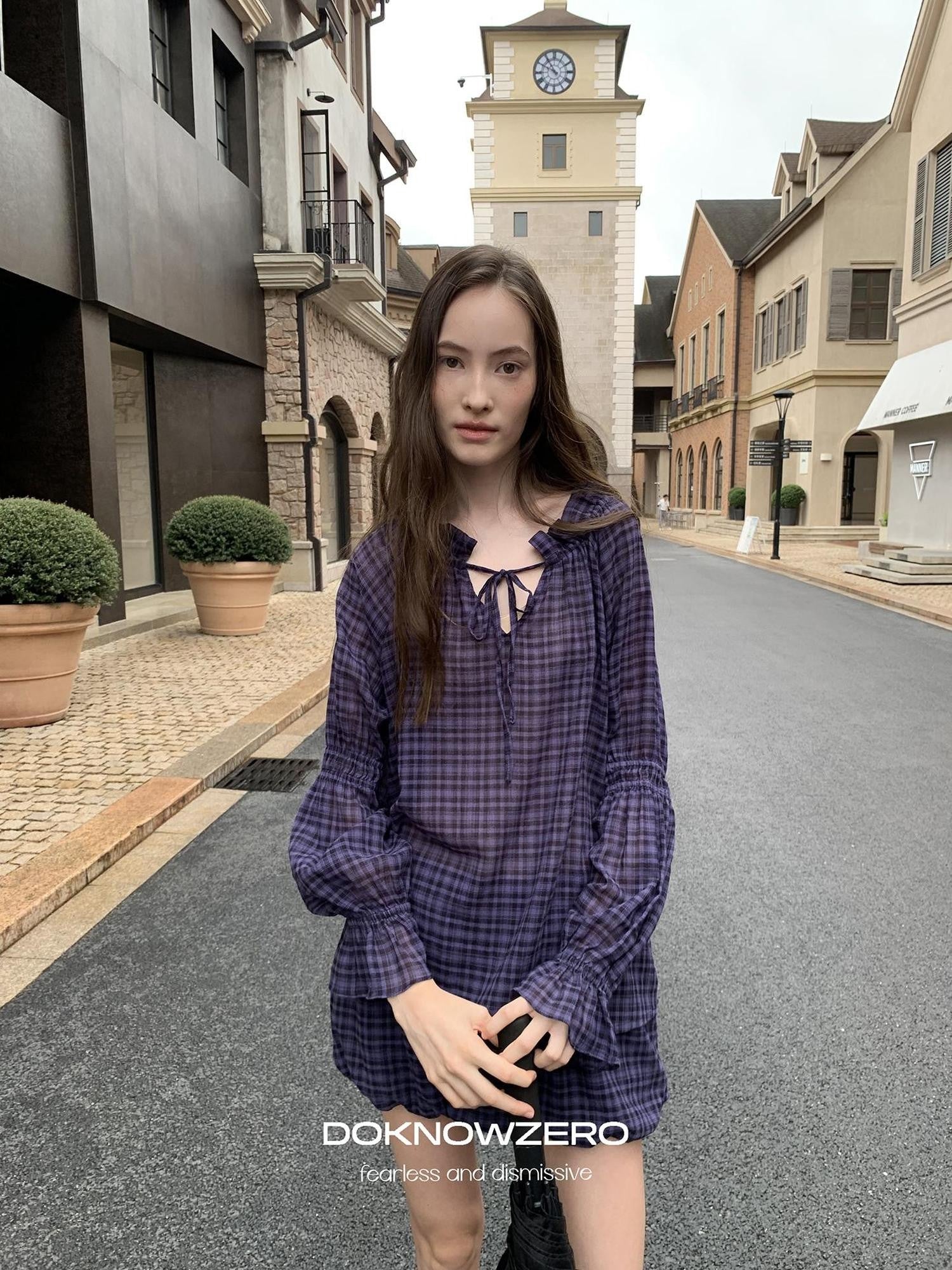 DKZ OFFICIAL Plaid Drawstring Loose V-neck Women&
