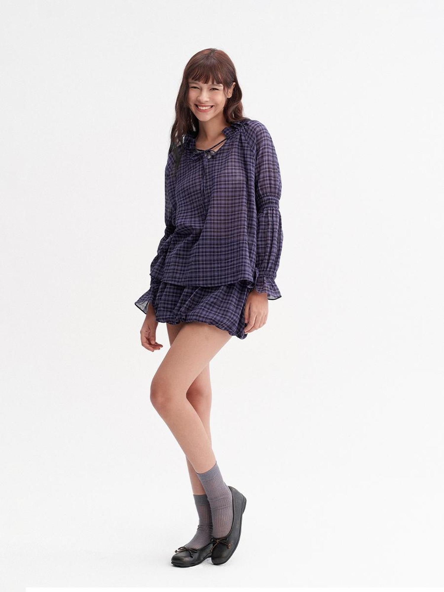 DKZ OFFICIAL Plaid Drawstring Loose V-neck Women&