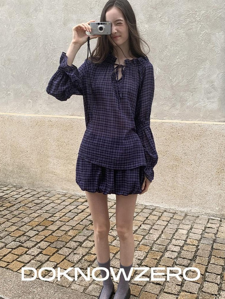 DKZ OFFICIAL Plaid Drawstring Loose V-neck Women&