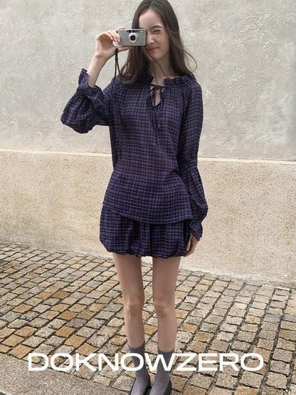 DKZ OFFICIAL Plaid Drawstring Loose V-neck Women&