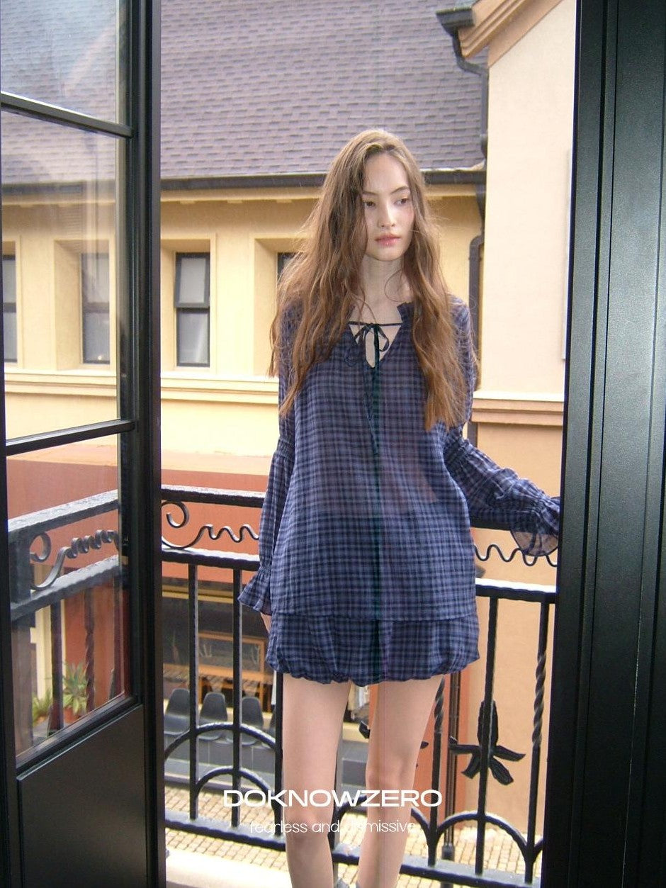 DKZ OFFICIAL Plaid Drawstring Loose V-neck Women&