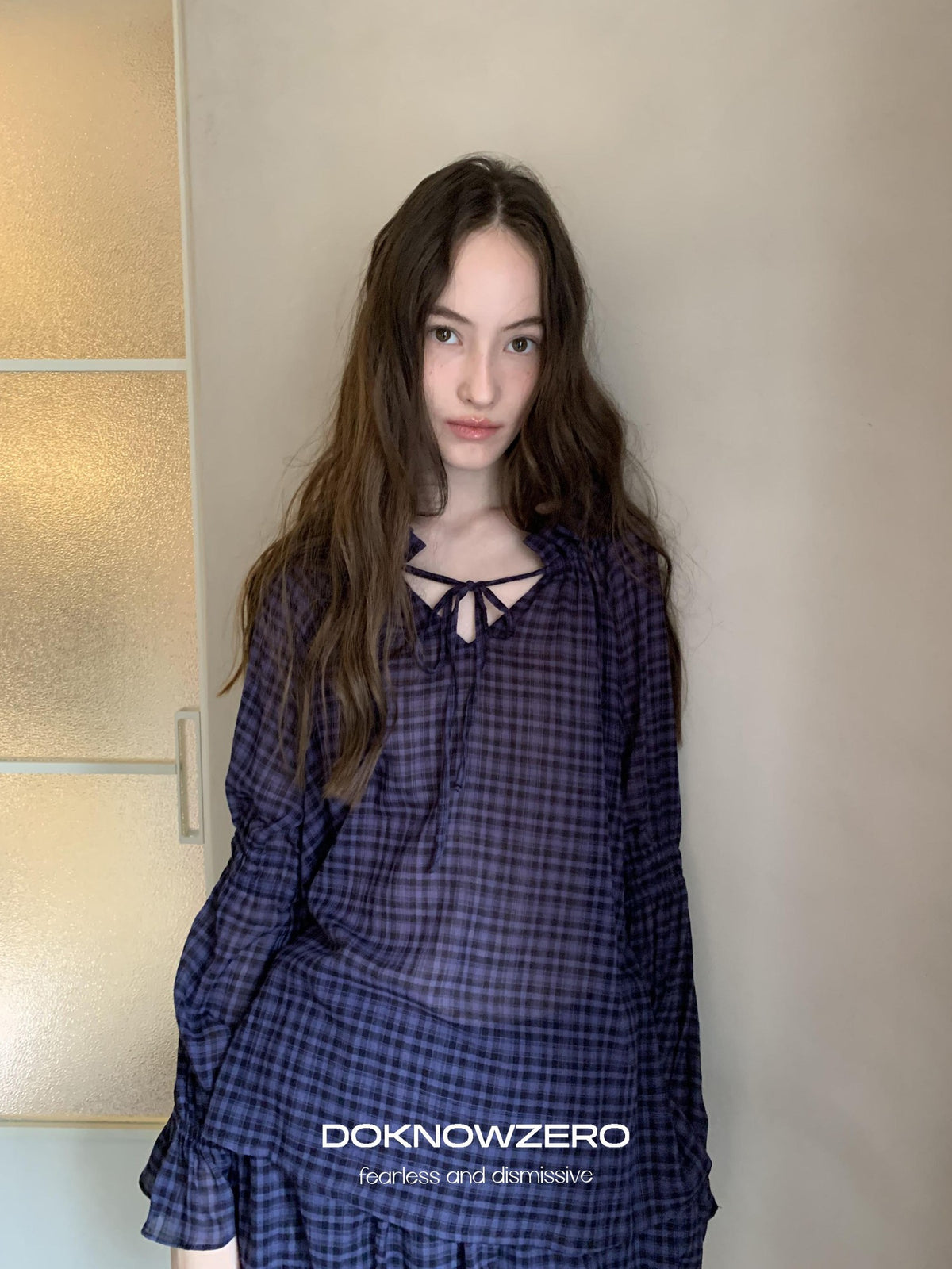DKZ OFFICIAL Plaid Drawstring Loose V-neck Women&